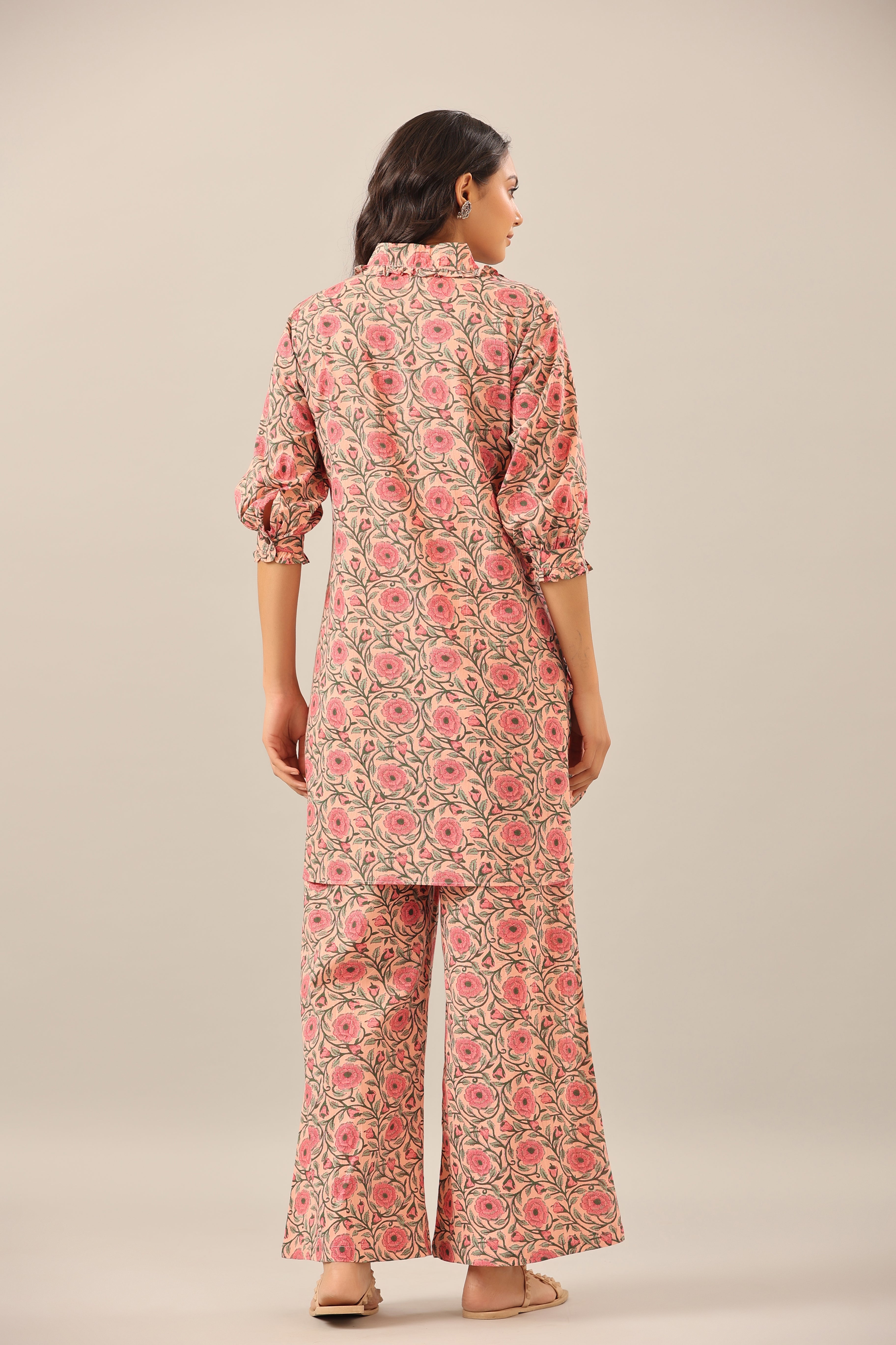Floral Mosaic on Pink Cotton Collared Smoked Sleeves Palazzo Loungewear Set