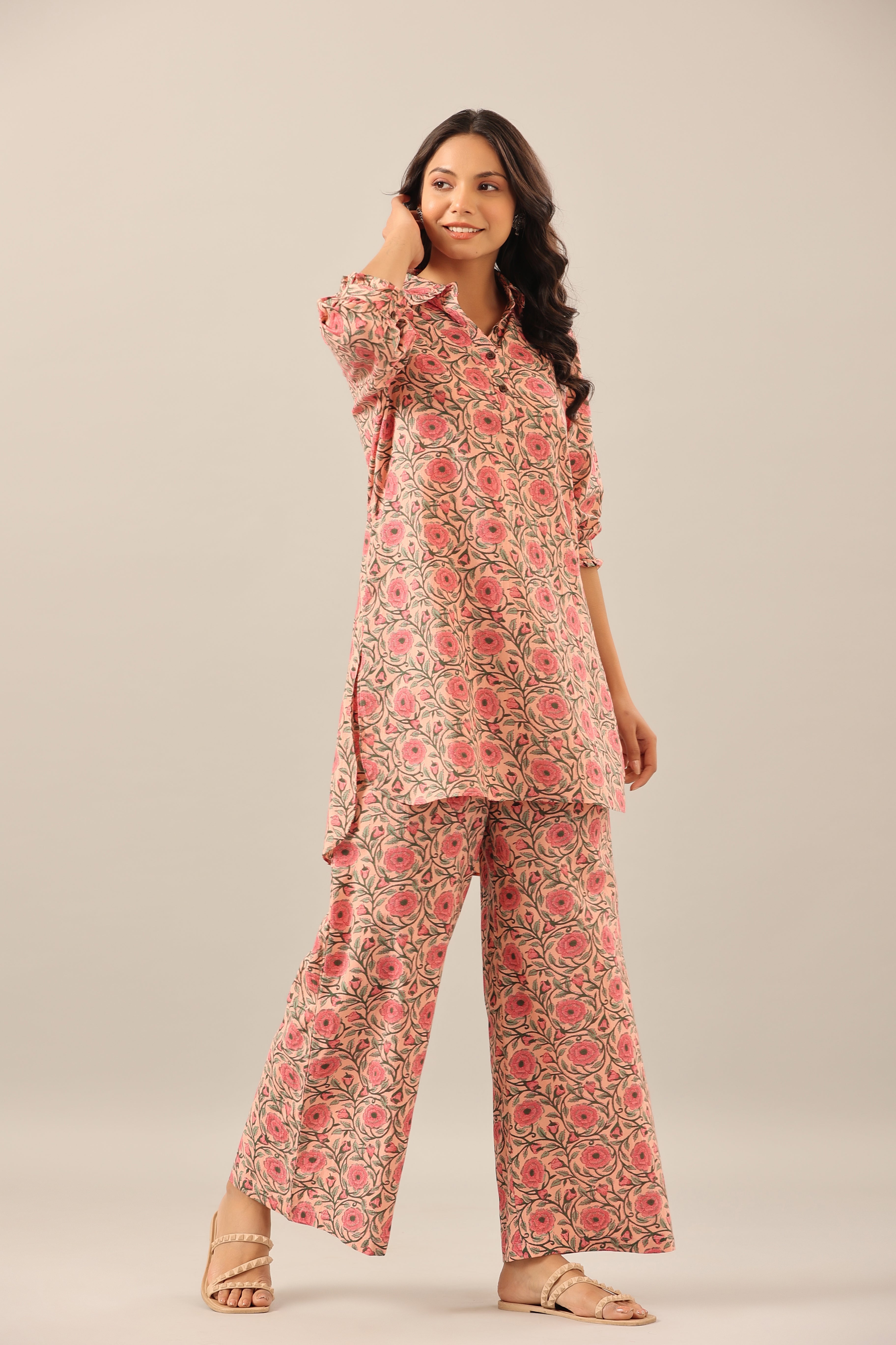 Floral Mosaic on Pink Cotton Collared Smoked Sleeves Palazzo Loungewear Set