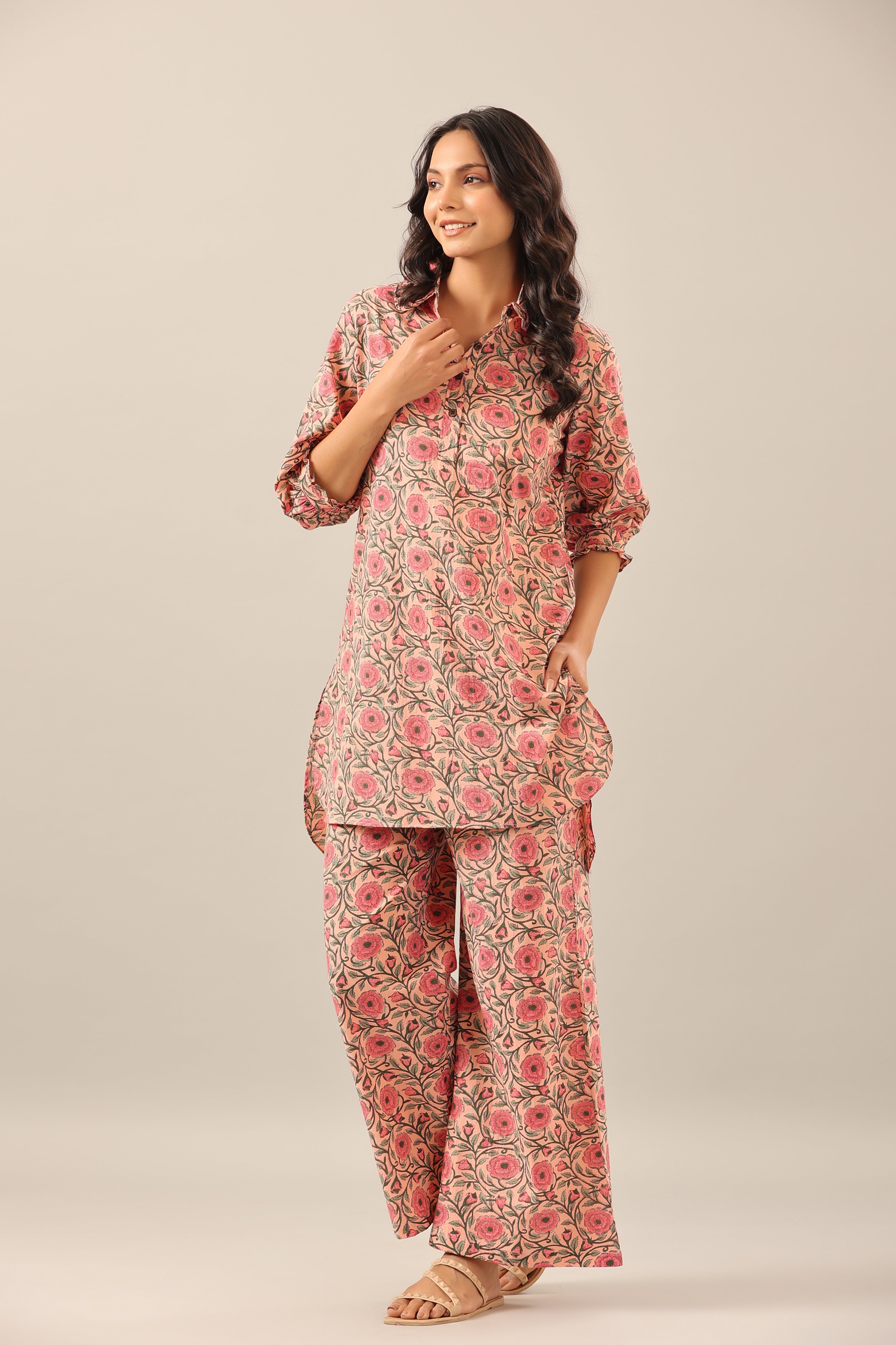 Floral Mosaic on Pink Cotton Collared Smoked Sleeves Palazzo Loungewear Set