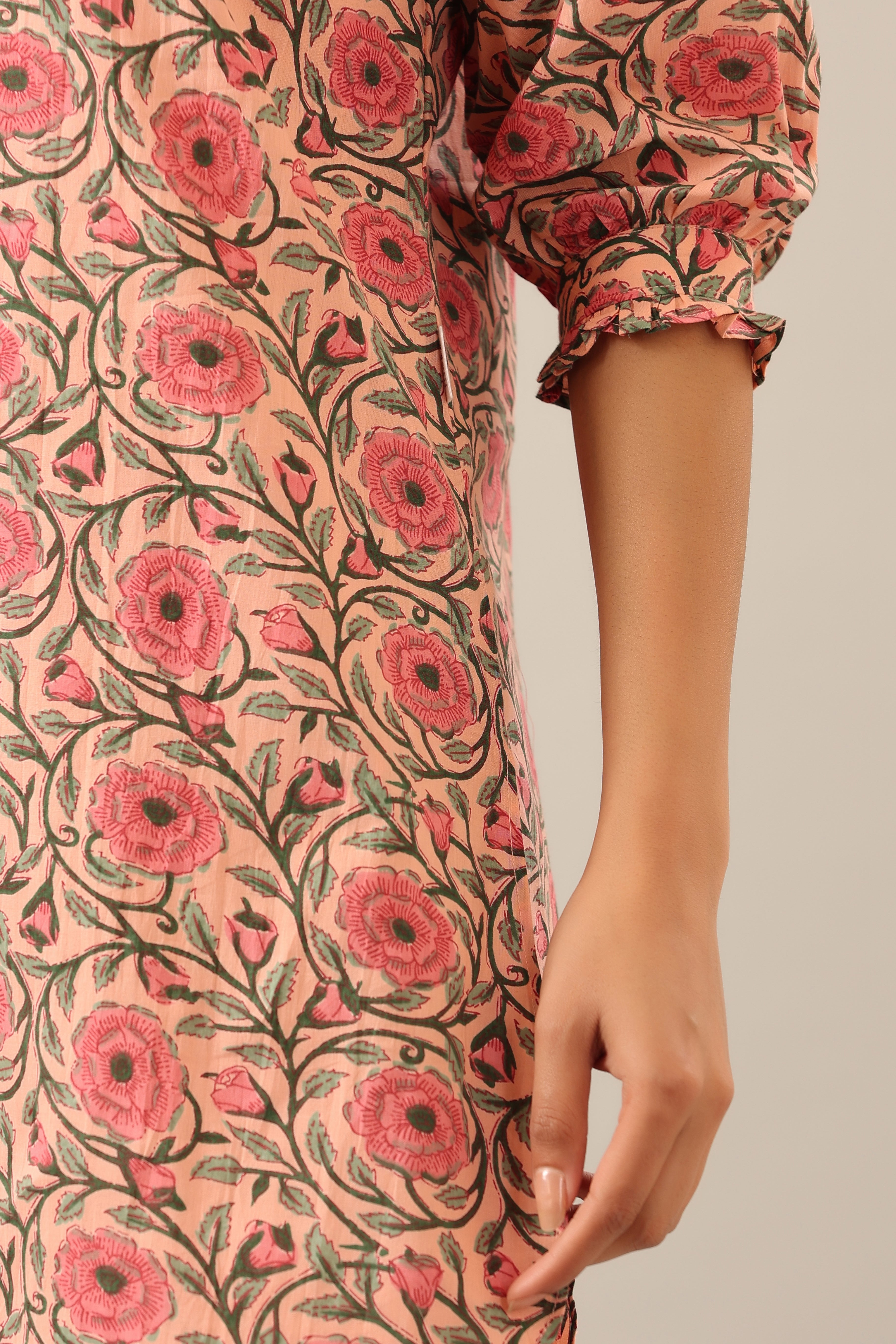 Floral Mosaic on Pink Cotton Collared Smoked Sleeves Palazzo Loungewear Set