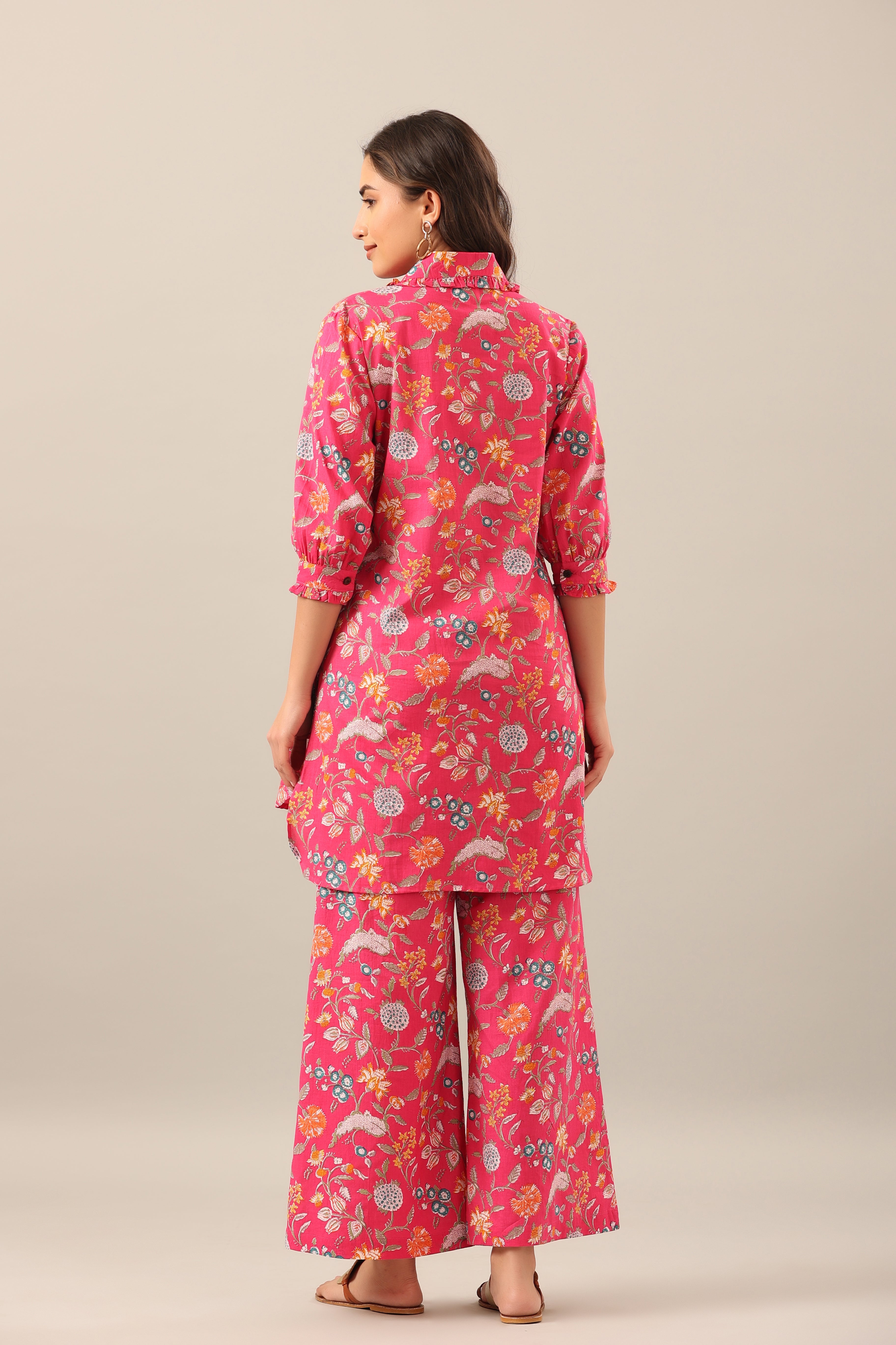 Floral Garden on Pink Collared Cotton Palazzo Loungewear Set