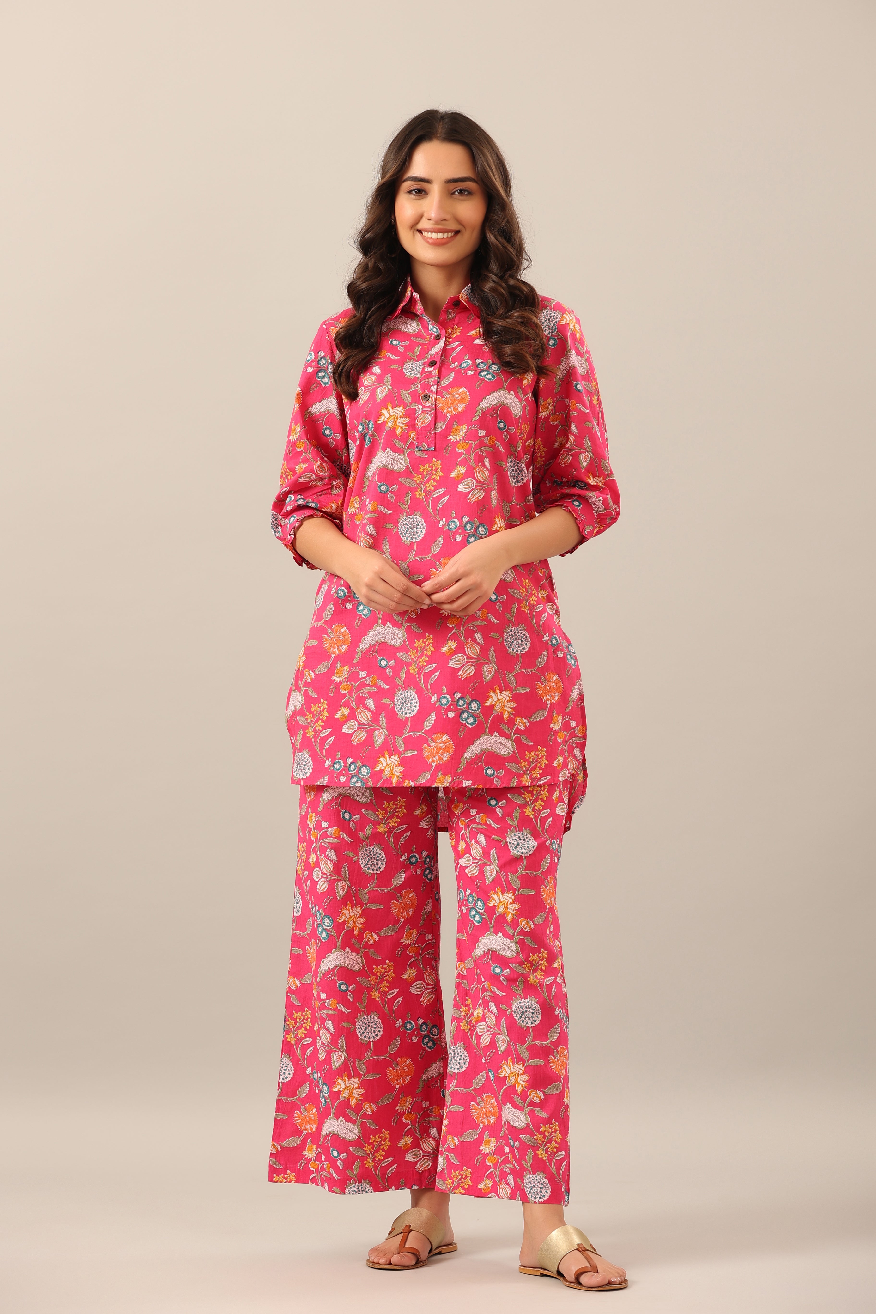 Floral Garden on Pink Collared Cotton Palazzo Loungewear Set