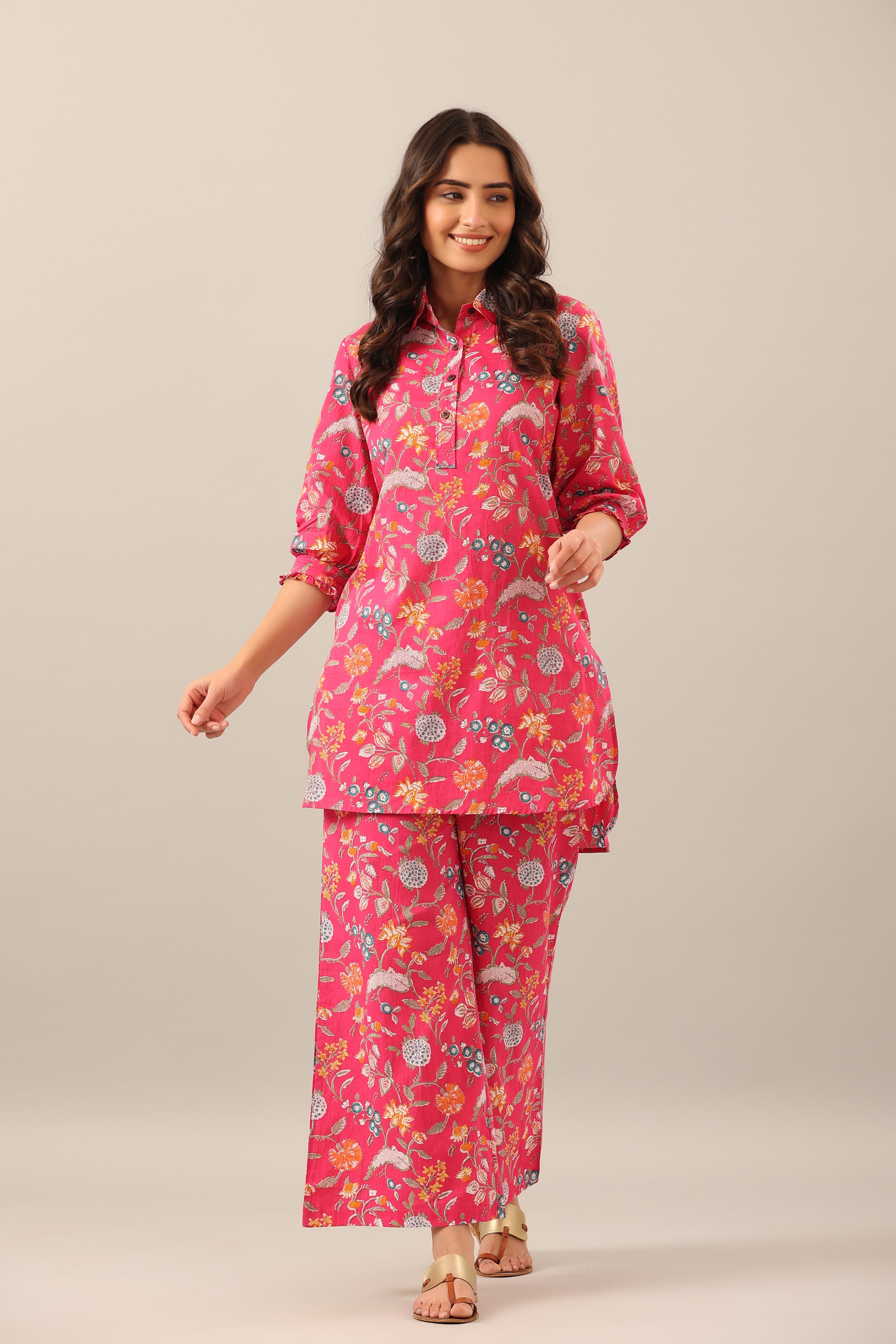 Floral Garden on Pink Collared Cotton Palazzo Loungewear Set