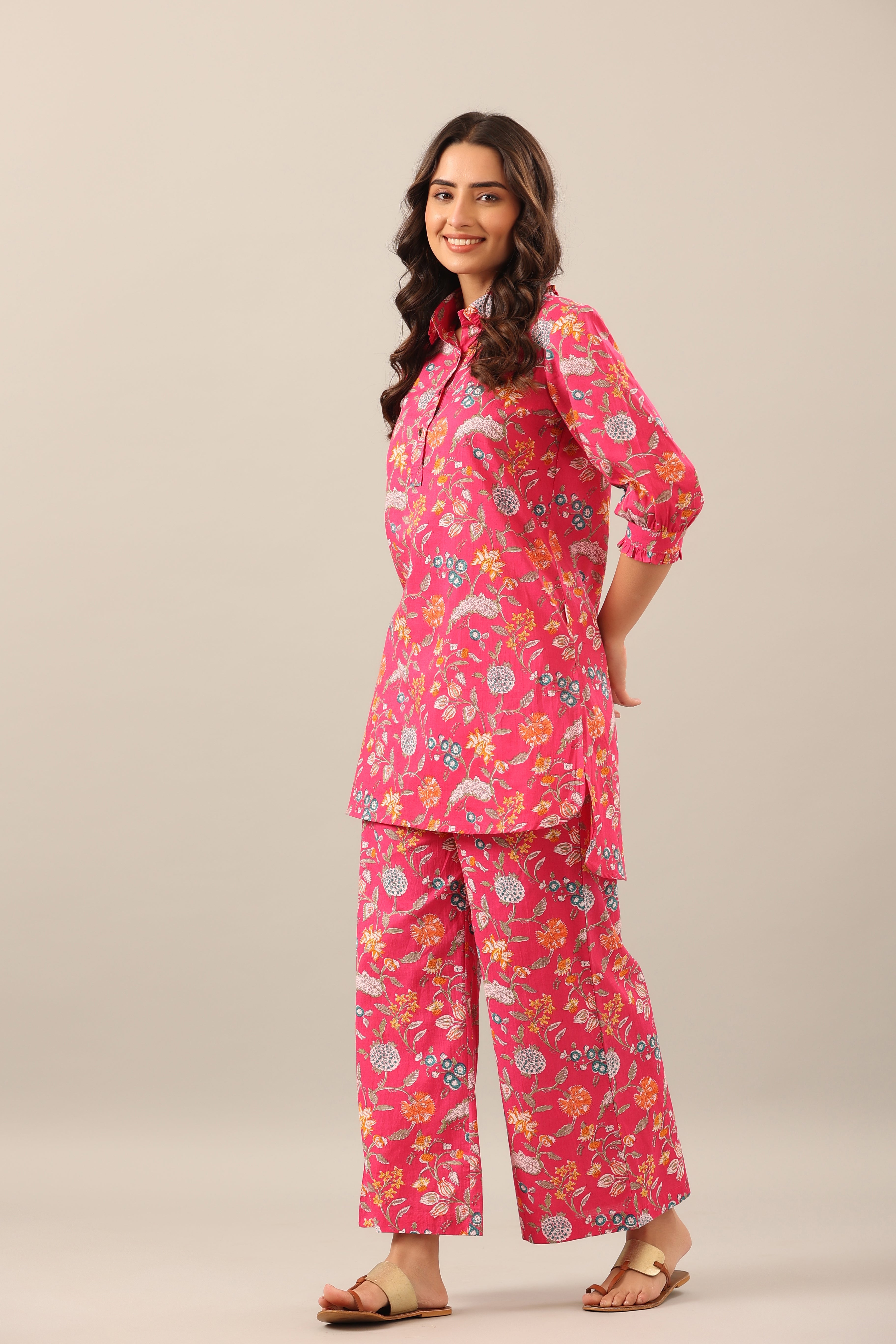 Floral Garden on Pink Collared Cotton Palazzo Loungewear Set