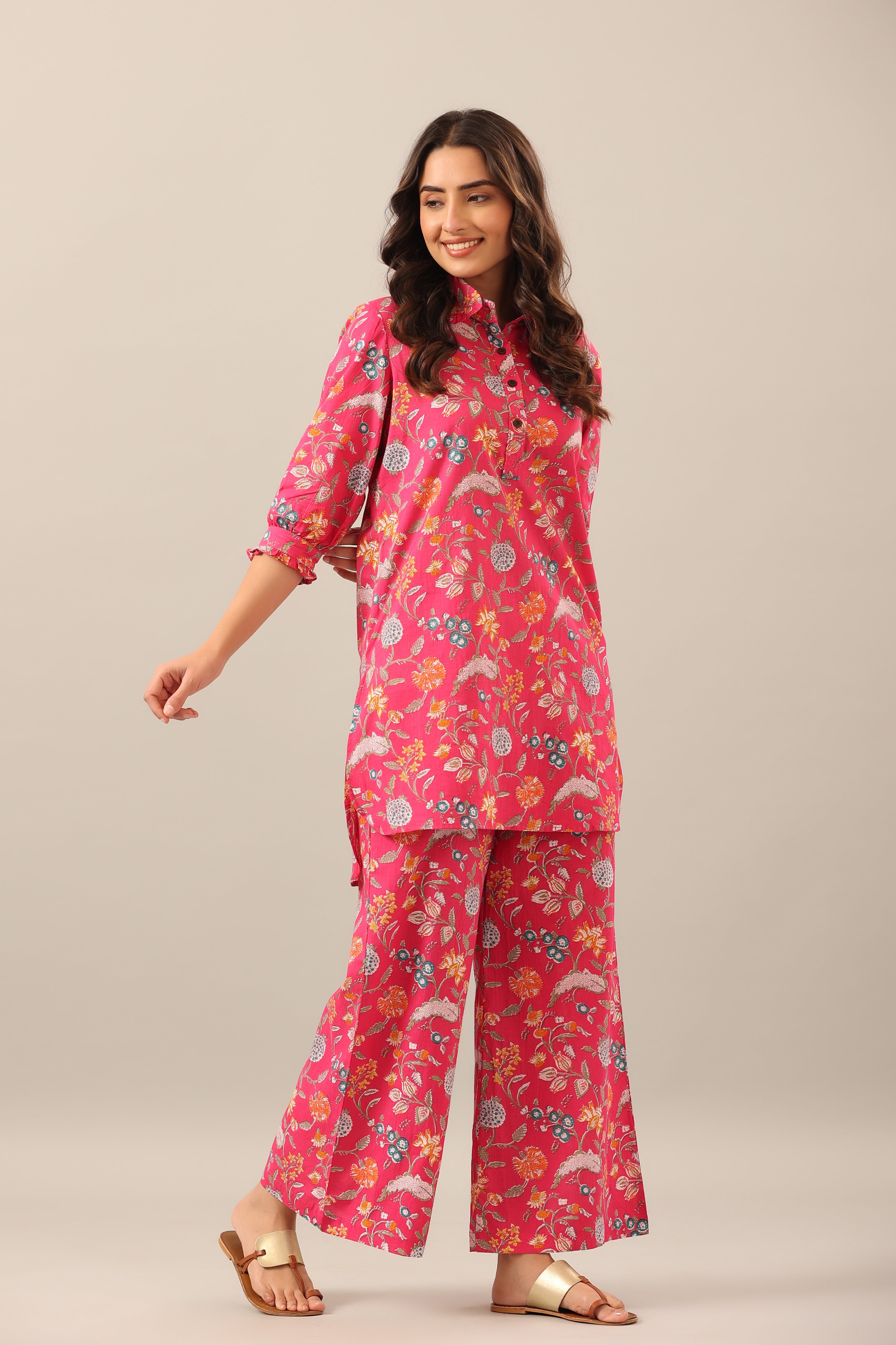 Floral Garden on Pink Collared Cotton Palazzo Loungewear Set