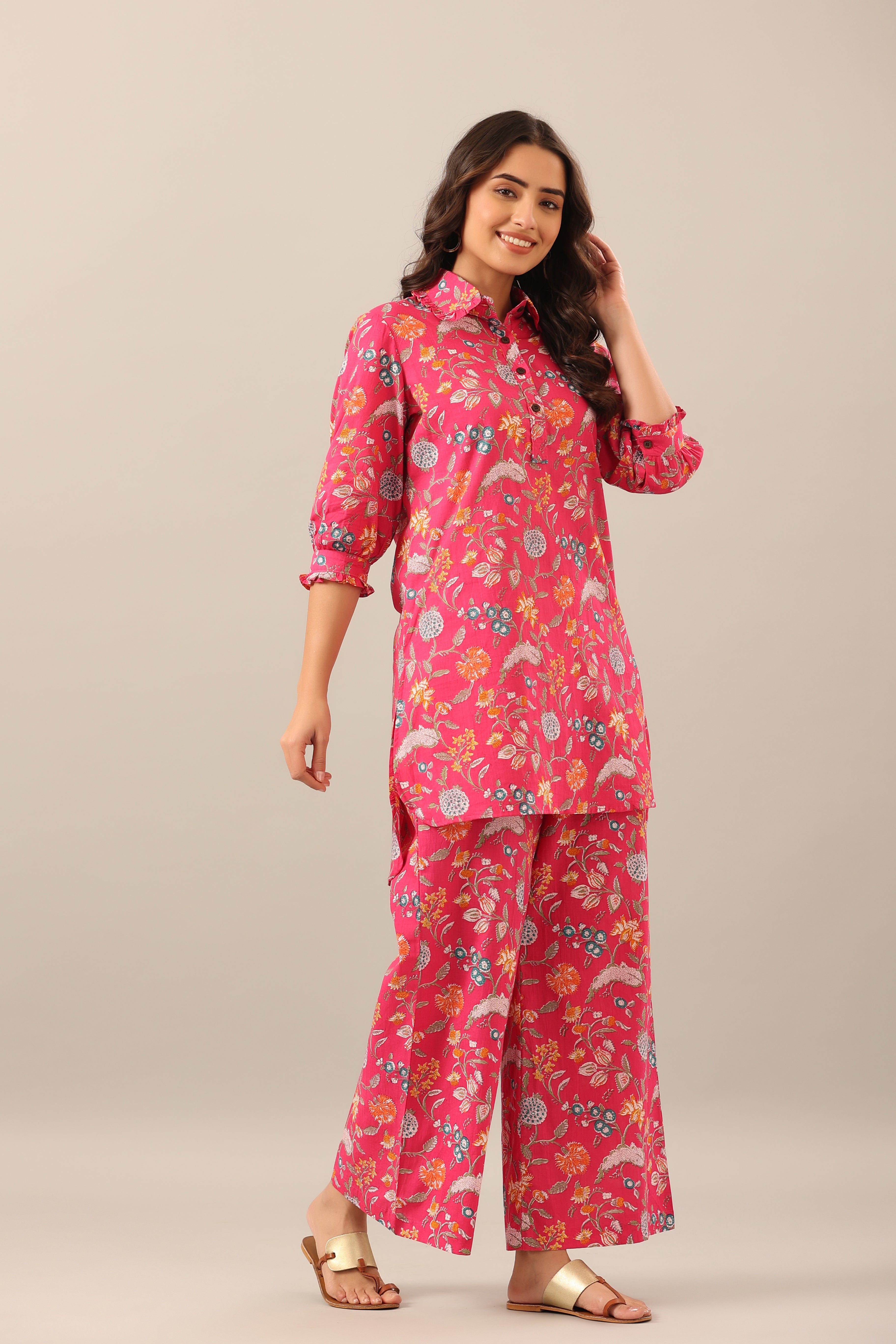 Floral Garden on Pink Collared Cotton Palazzo Loungewear Set