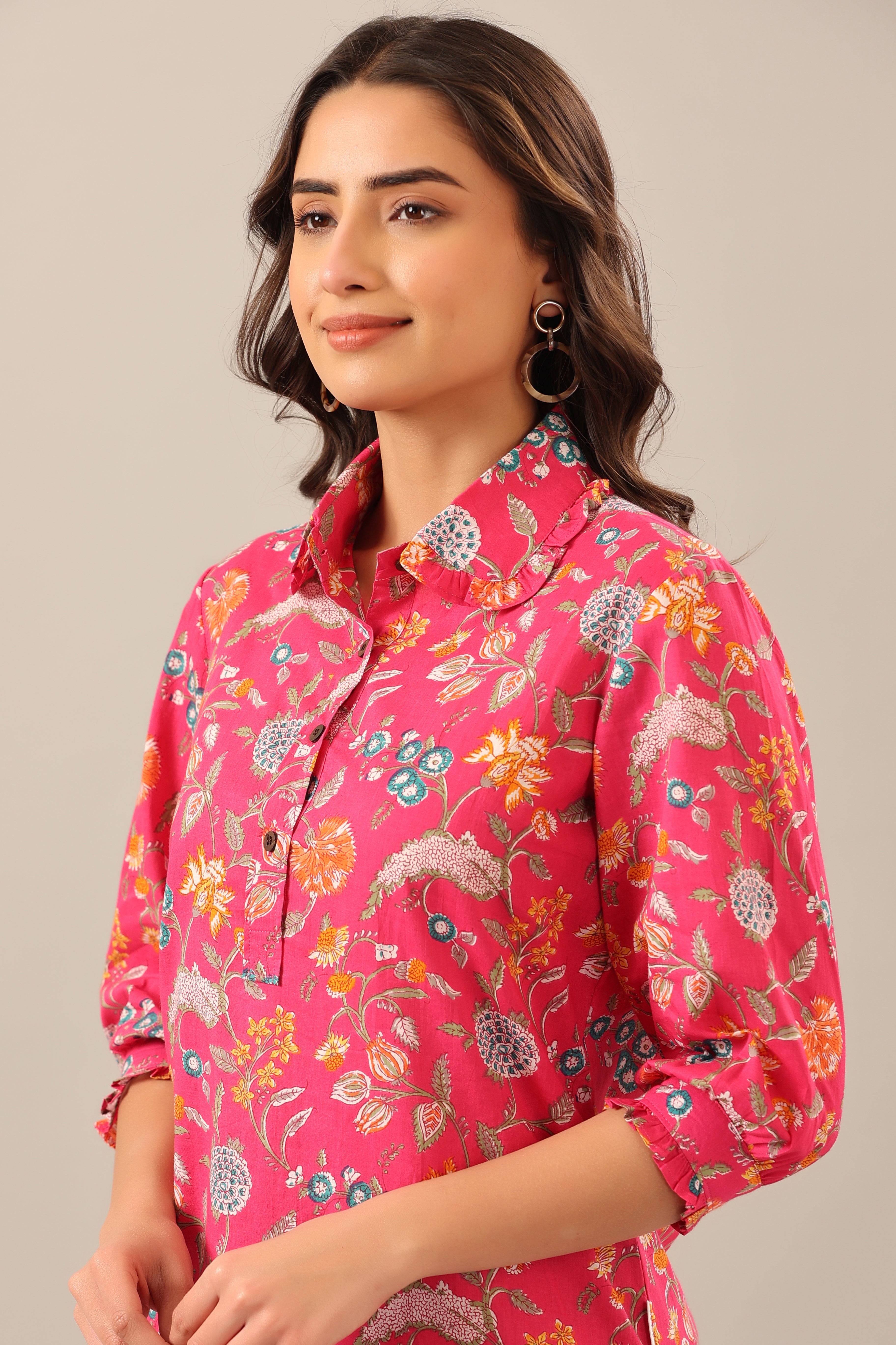 Floral Garden on Pink Collared Cotton Palazzo Loungewear Set