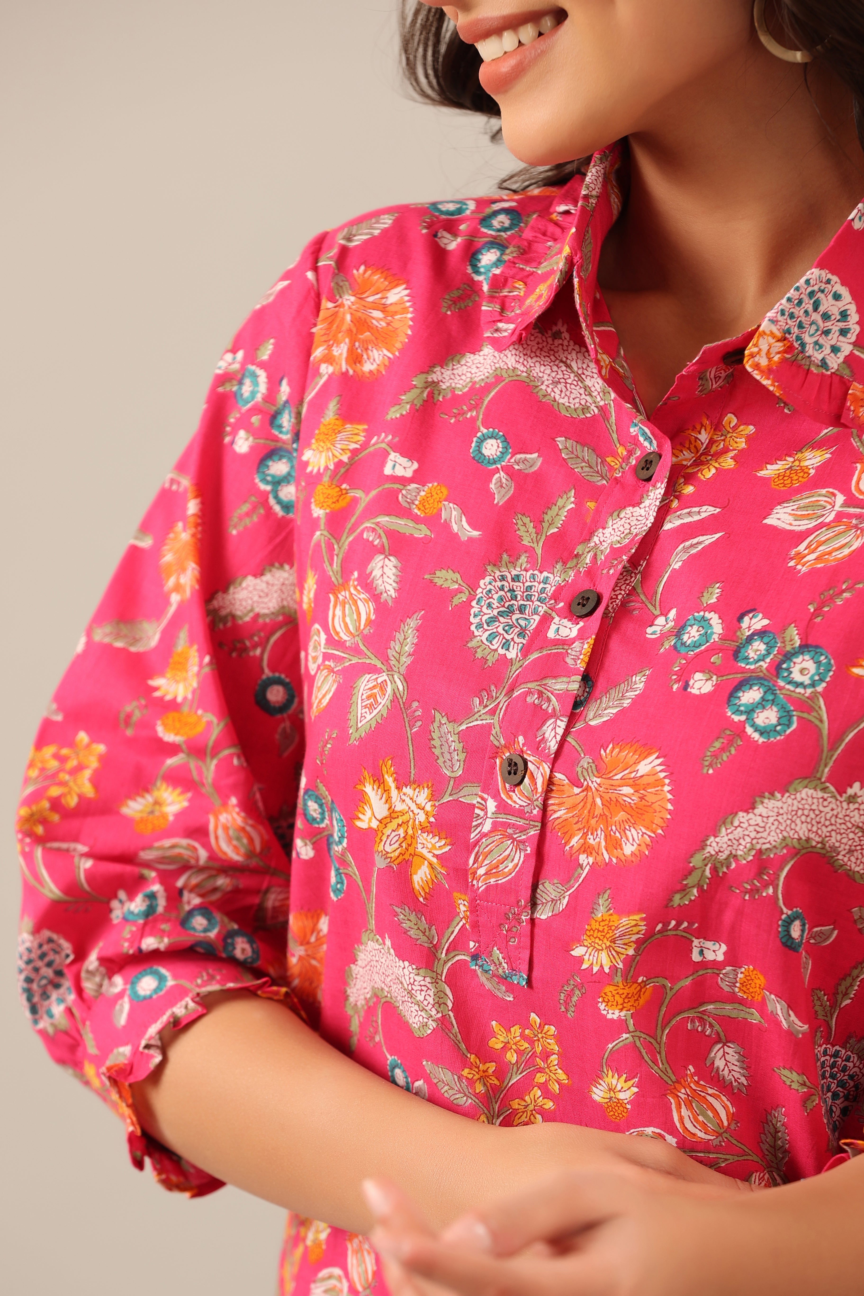 Floral Garden on Pink Collared Cotton Palazzo Loungewear Set