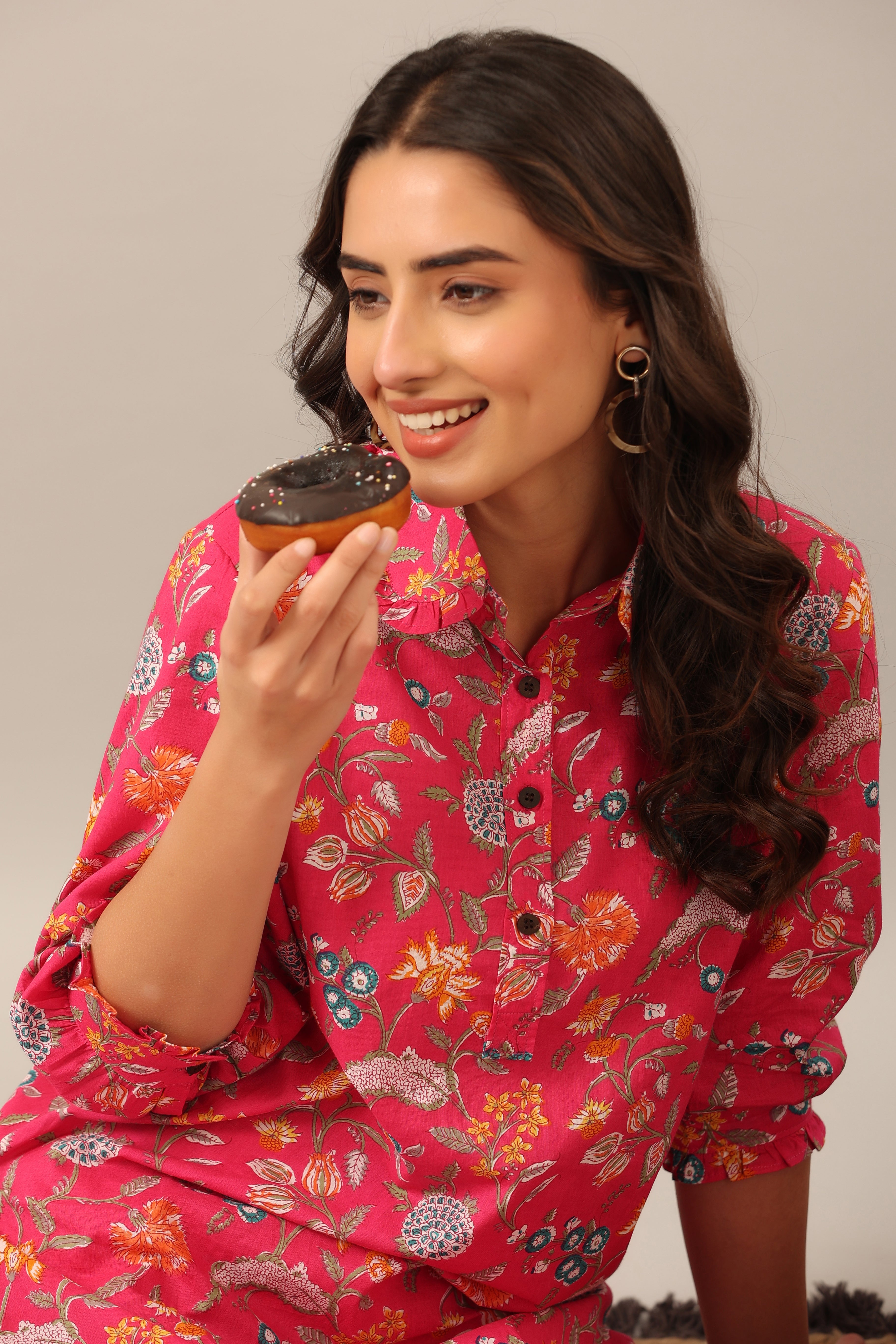 Floral Garden on Pink Collared Cotton Palazzo Loungewear Set