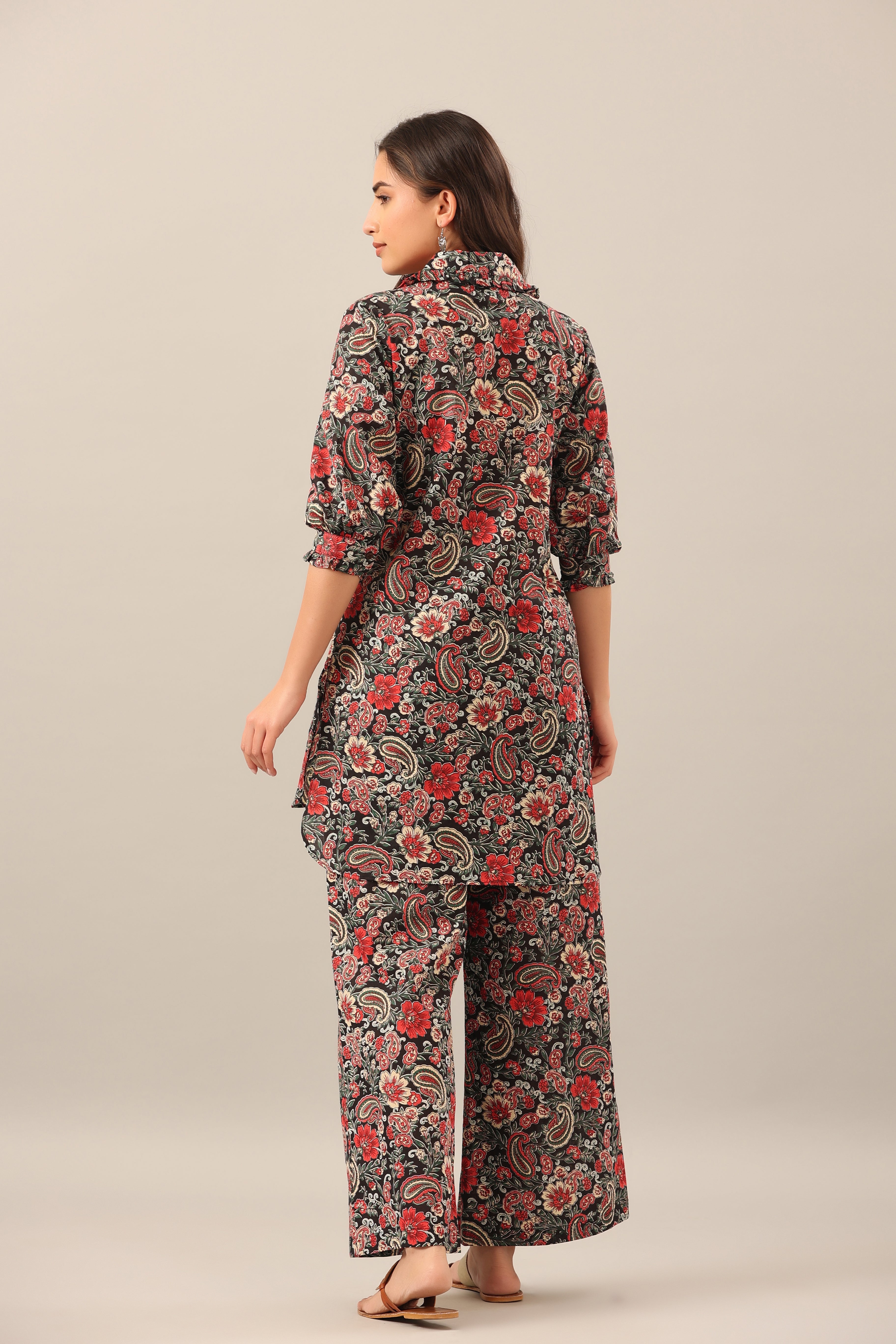 Paisley Park on Black Collared Cotton Smoked Sleeves Palazzo Loungewear Set