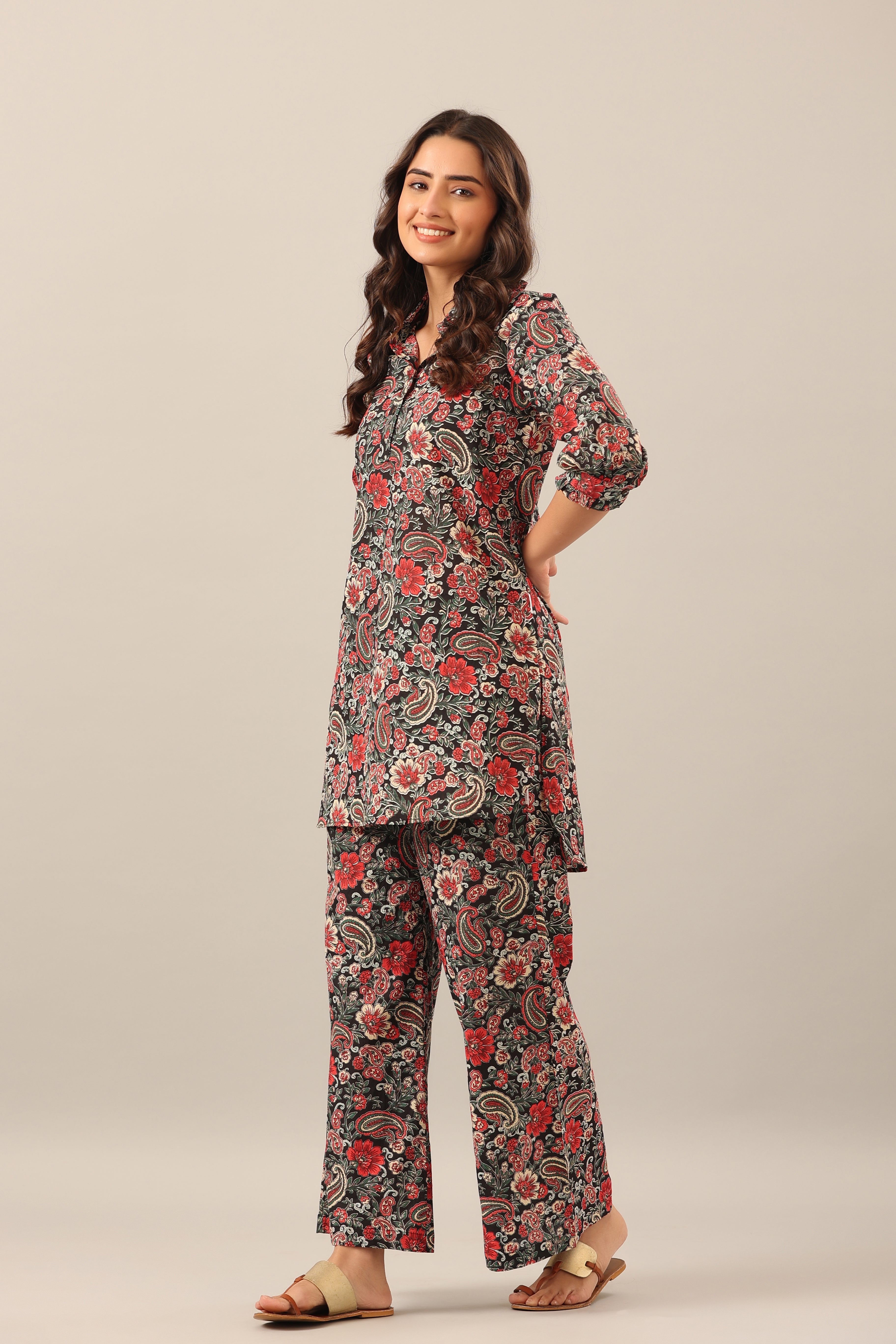Paisley Park on Black Collared Cotton Smoked Sleeves Palazzo Loungewear Set