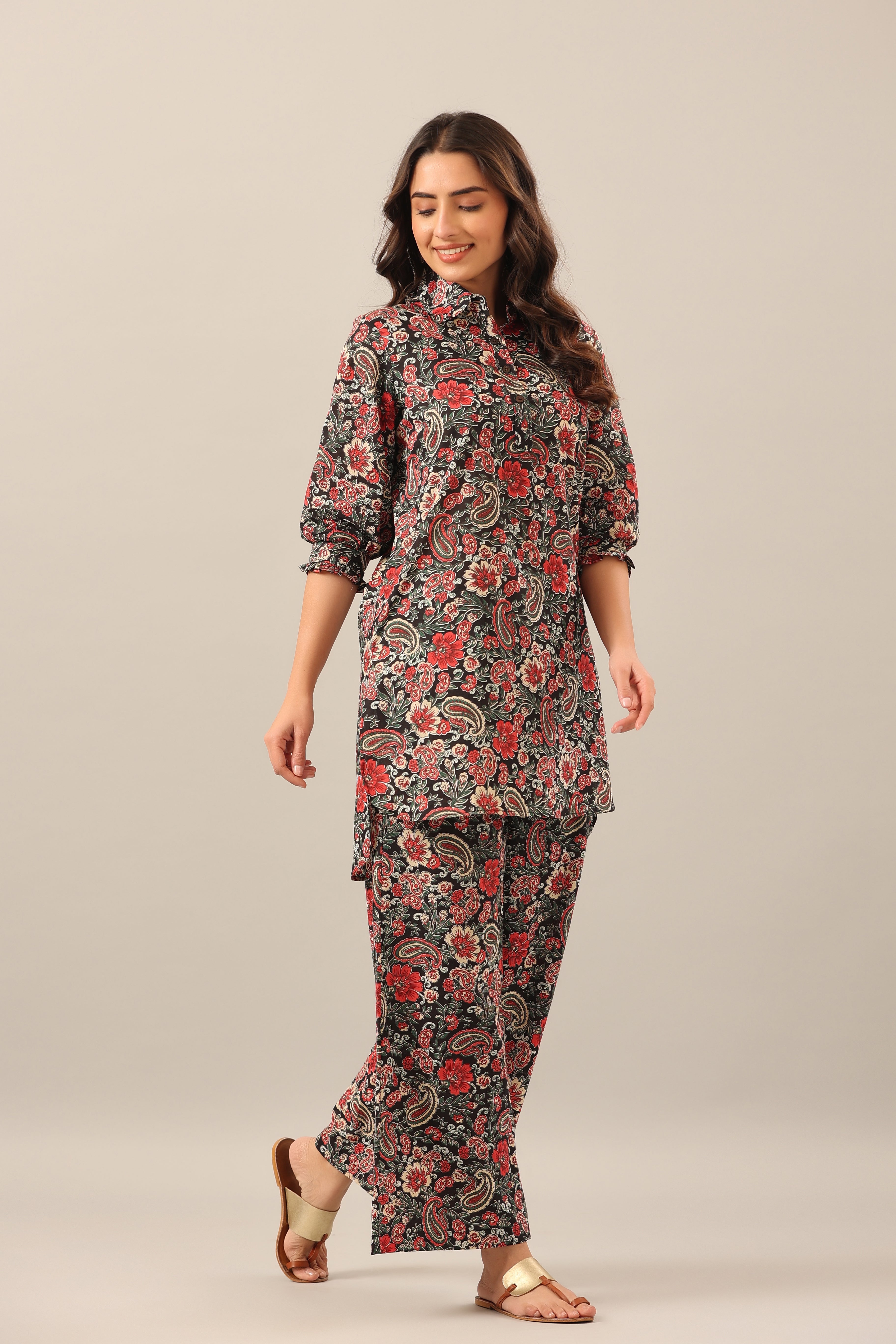 Paisley Park on Black Collared Cotton Smoked Sleeves Palazzo Loungewear Set