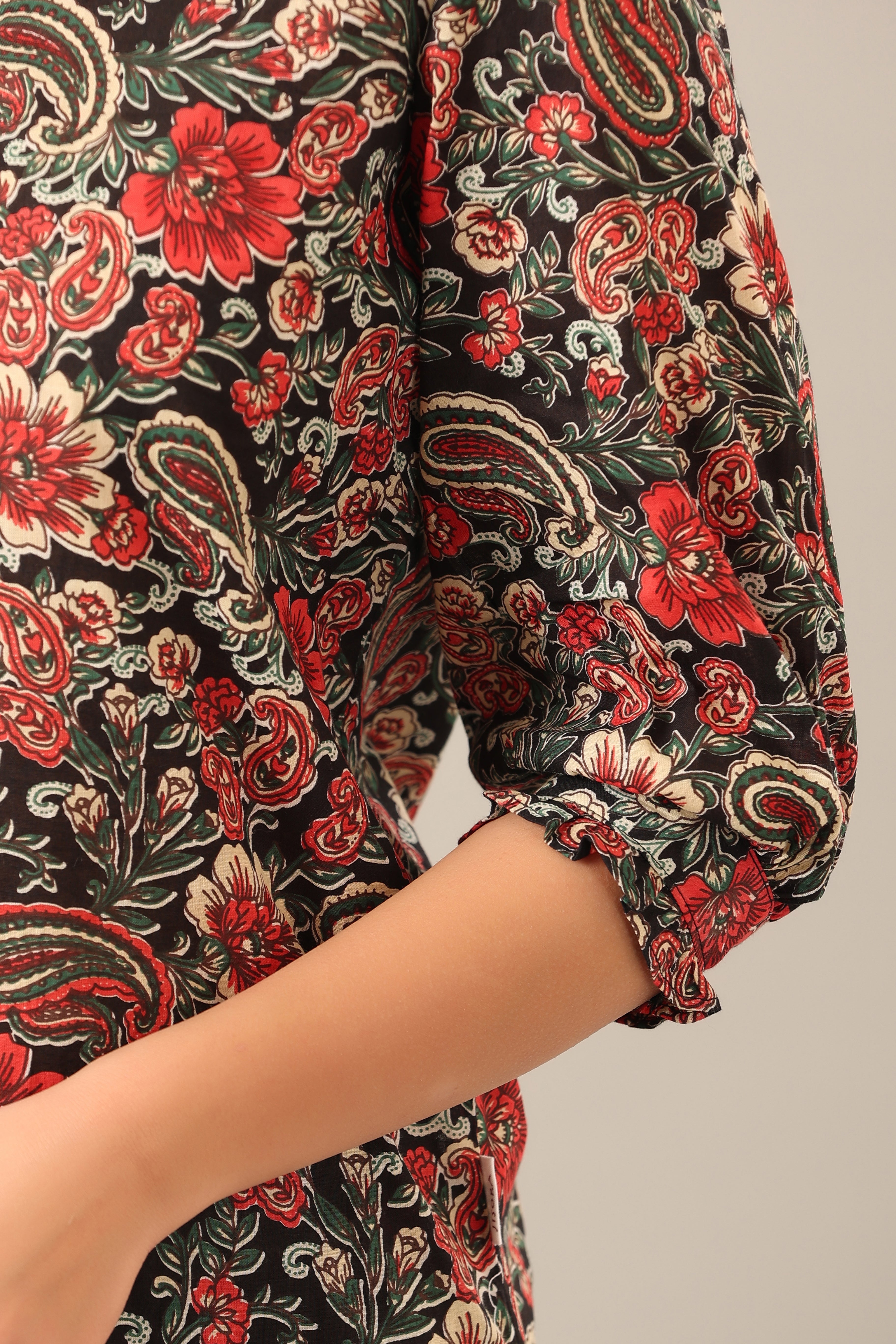 Paisley Park on Black Collared Cotton Smoked Sleeves Palazzo Loungewear Set