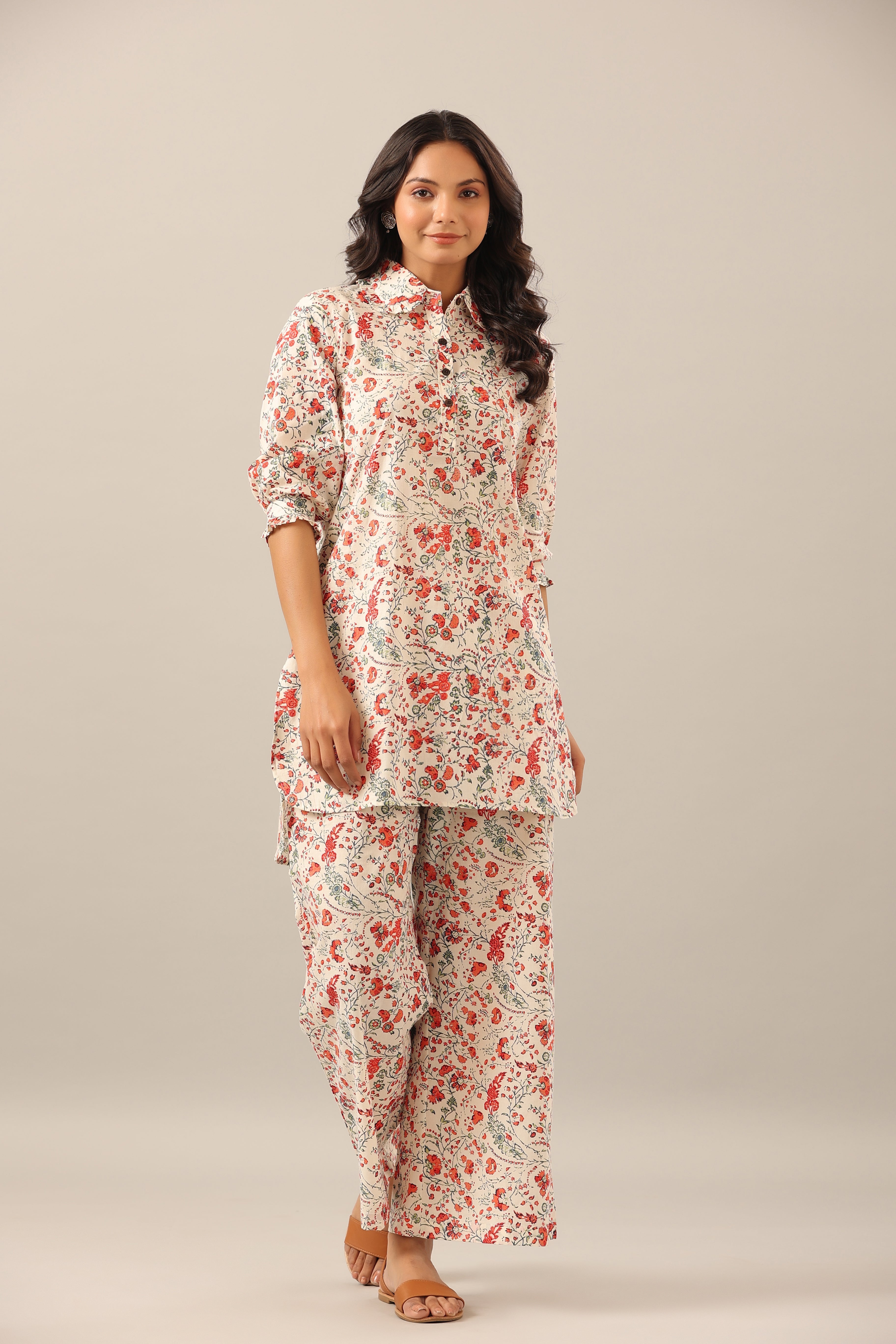 Chintz Collared Floral Jaal on white Cotton Collared Palazzo Loungewear Set