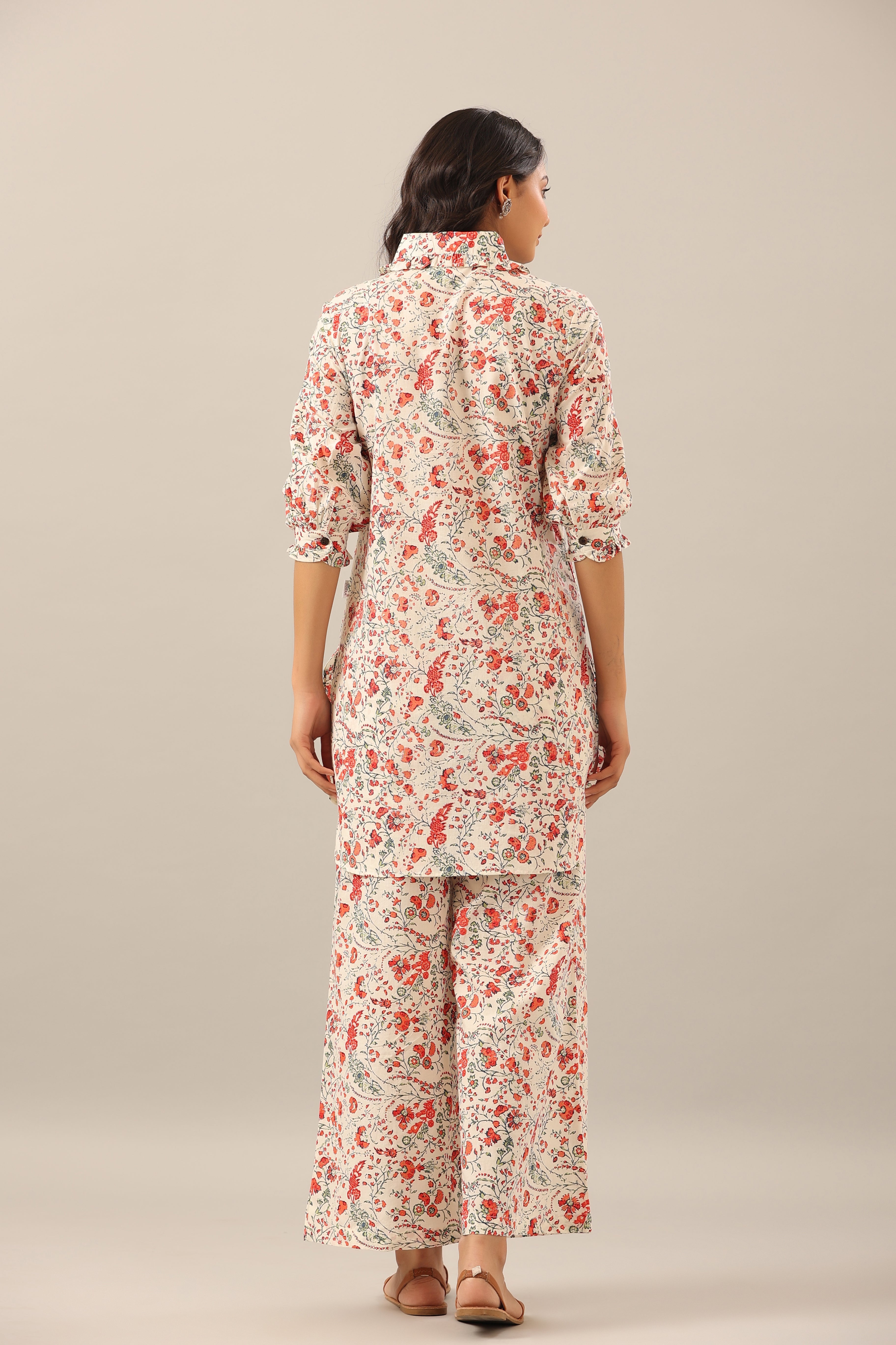 Chintz Collared Floral Jaal on white Cotton Collared Palazzo Loungewear Set