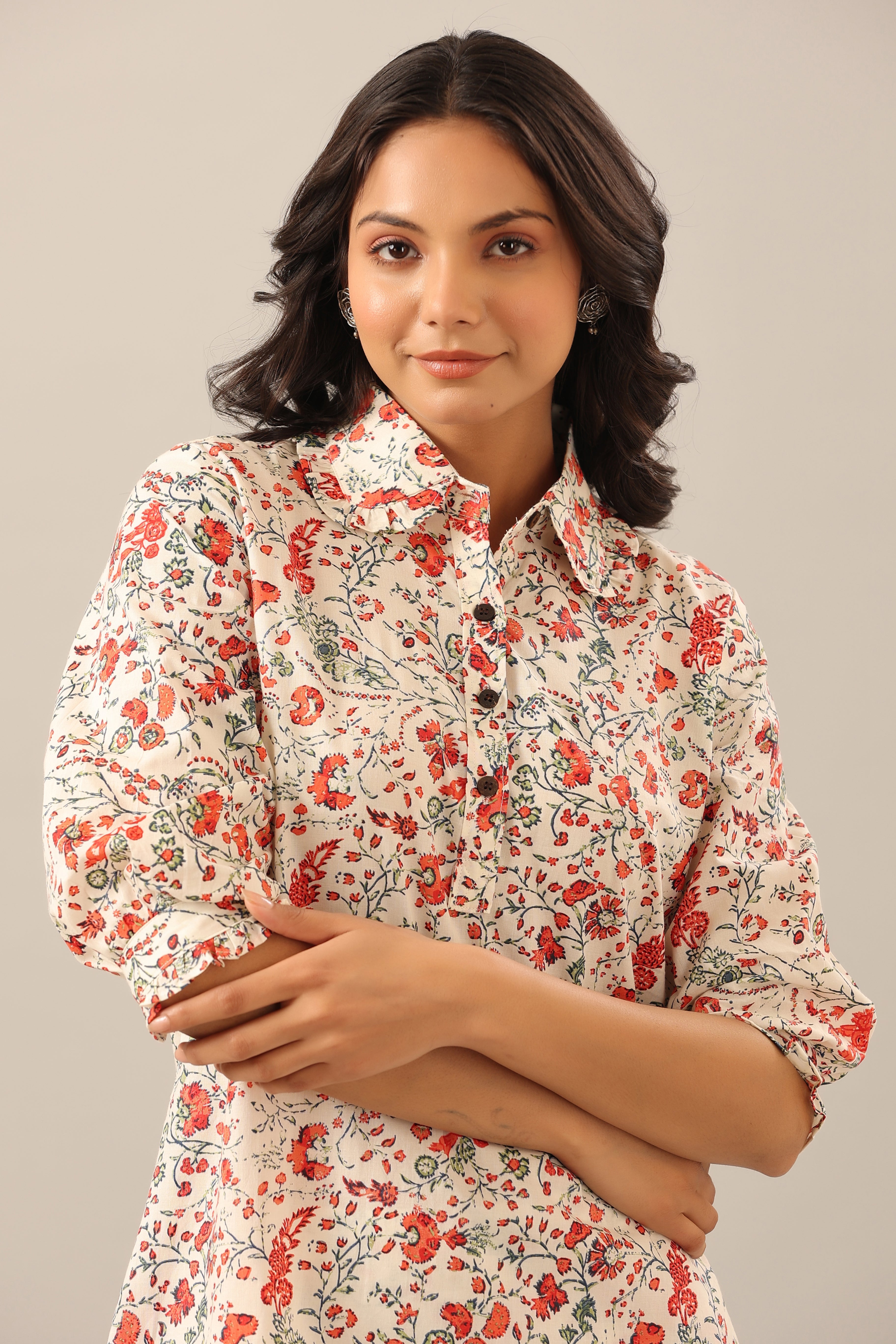 Chintz Collared Floral Jaal on white Cotton Collared Palazzo Loungewear Set