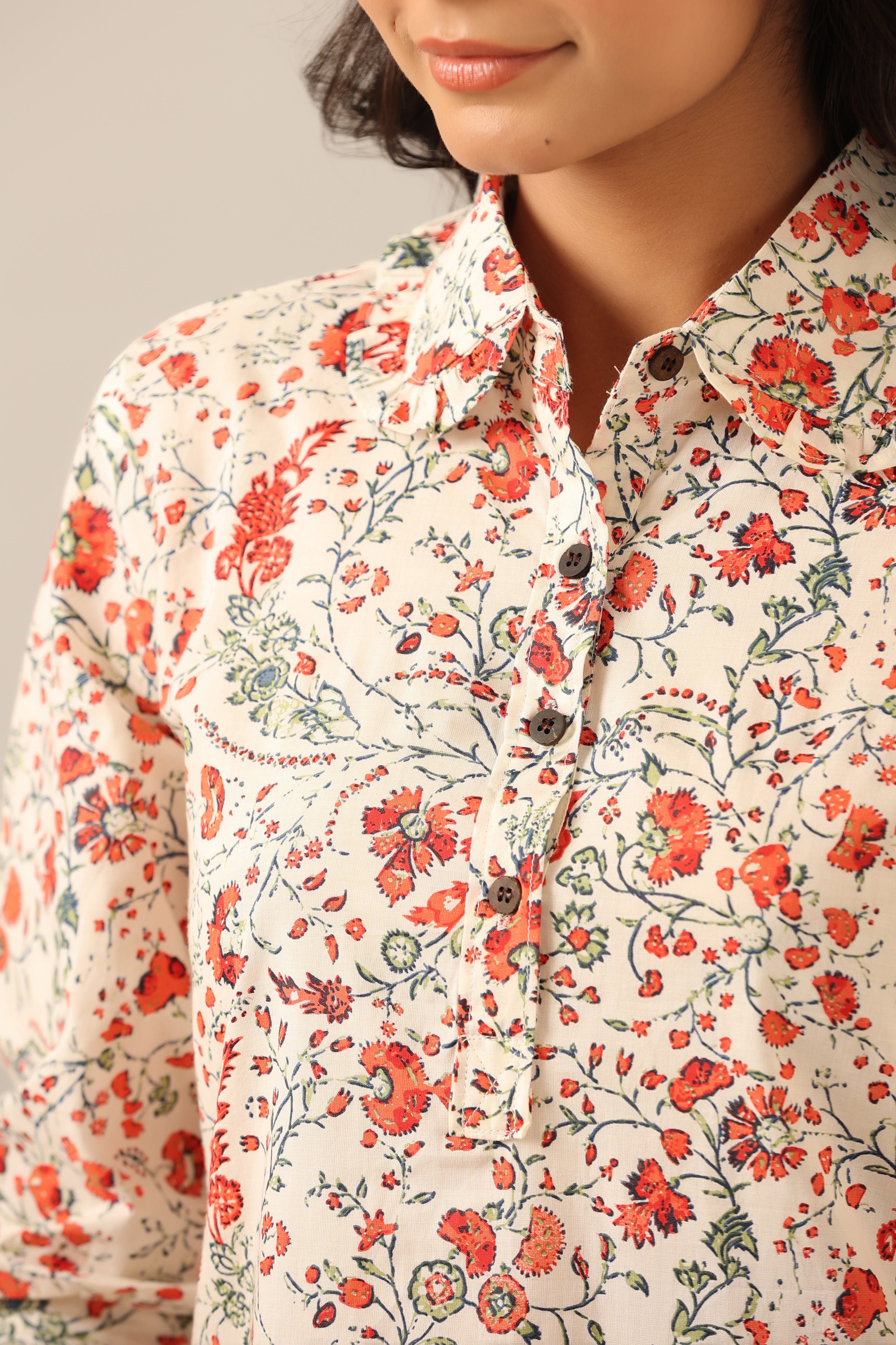 Chintz Collared Floral Jaal on white Cotton Collared Palazzo Loungewear Set