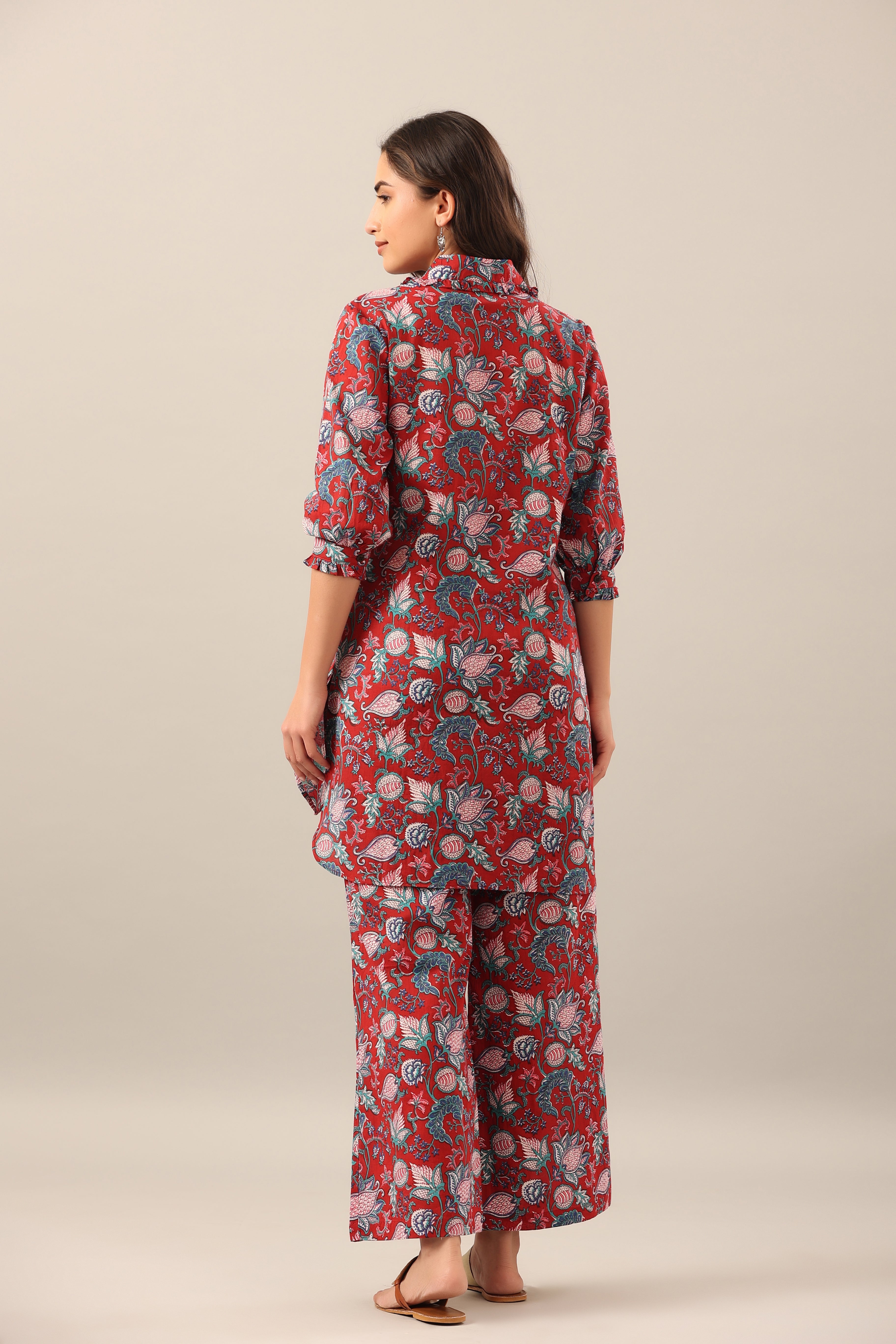 Floral Garden on Maroon Collared Cotton Smoked Sleeves Palazzo Loungewear Set