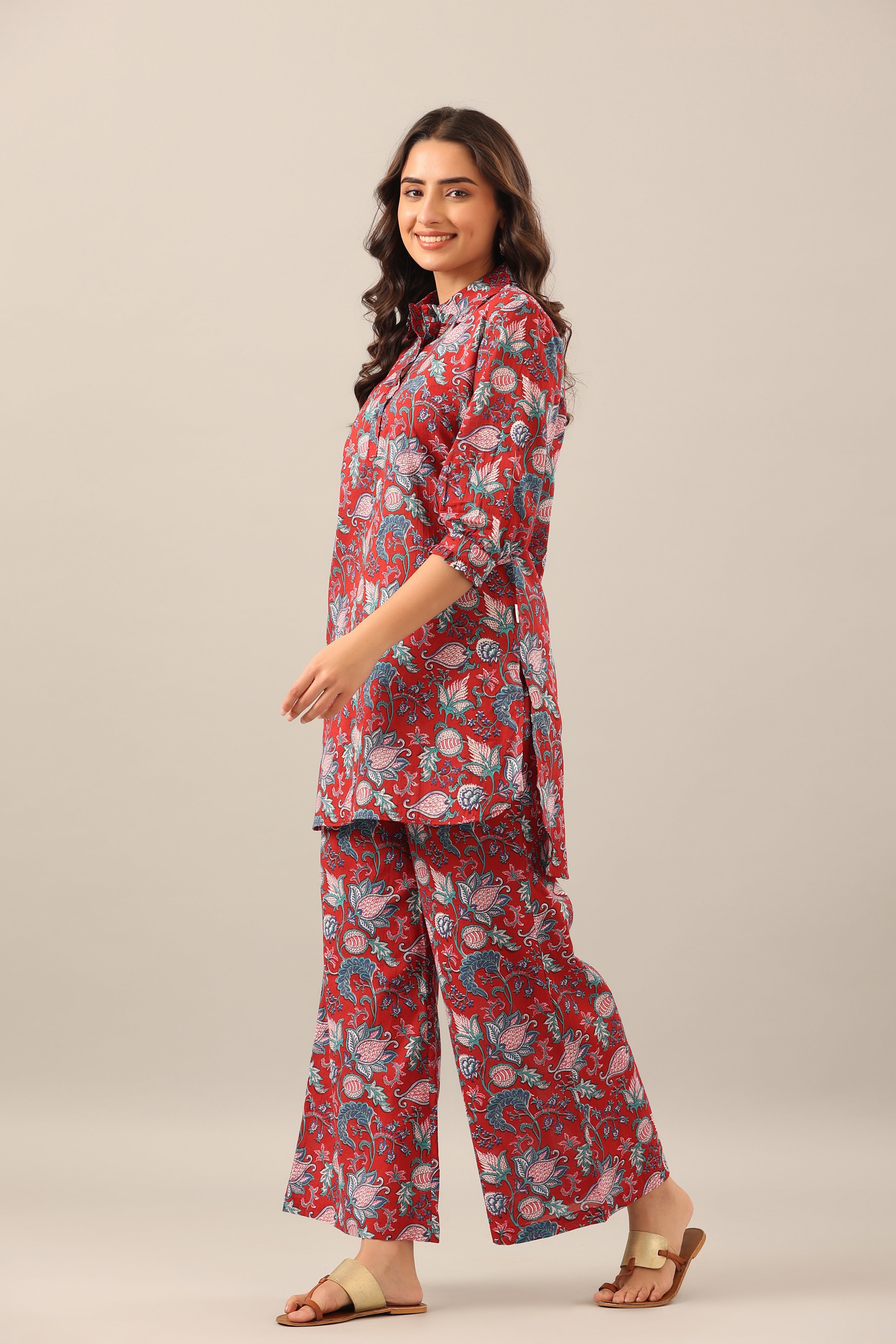 Floral Garden on Maroon Collared Cotton Smoked Sleeves Palazzo Loungewear Set