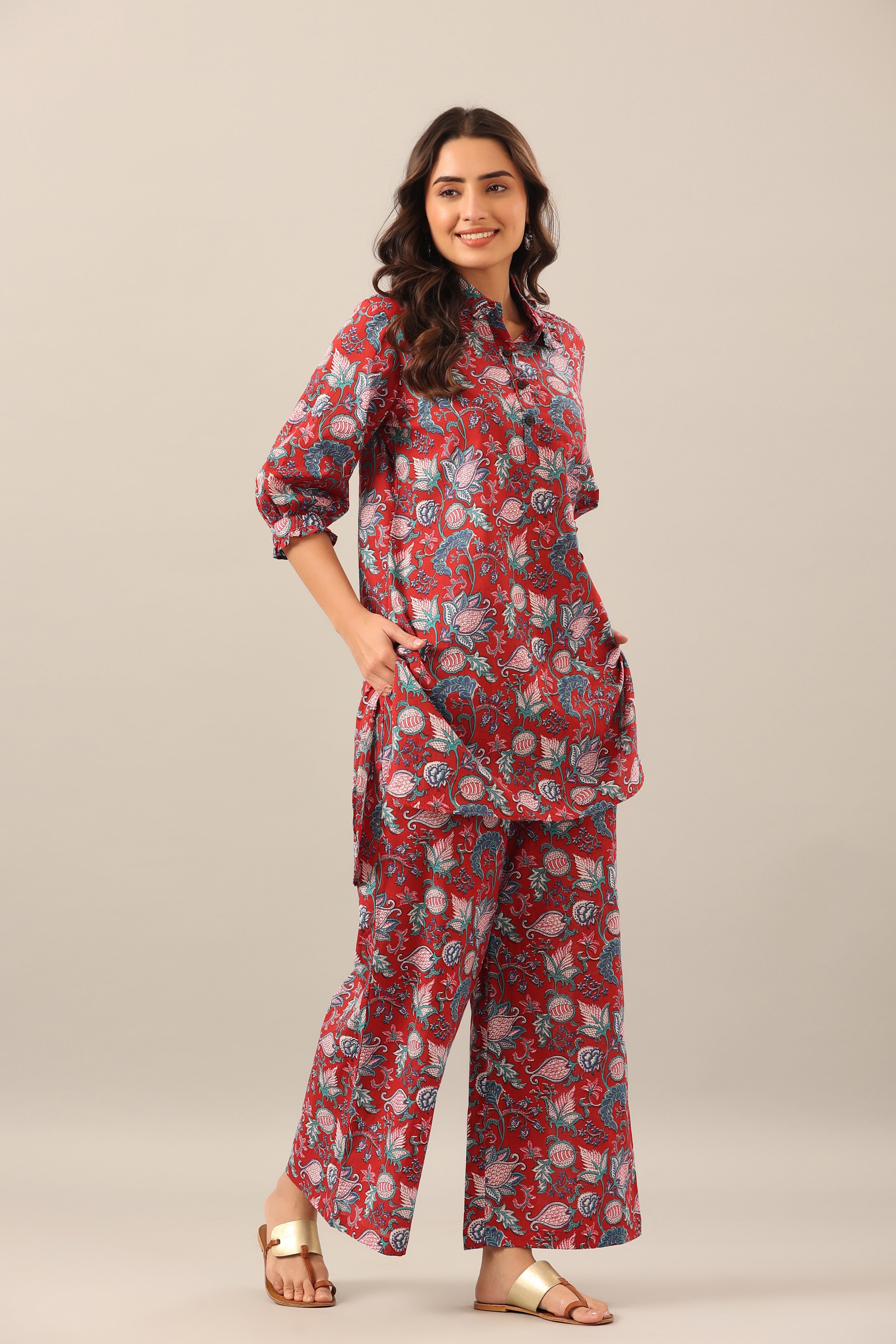 Floral Garden on Maroon Collared Cotton Smoked Sleeves Palazzo Loungewear Set