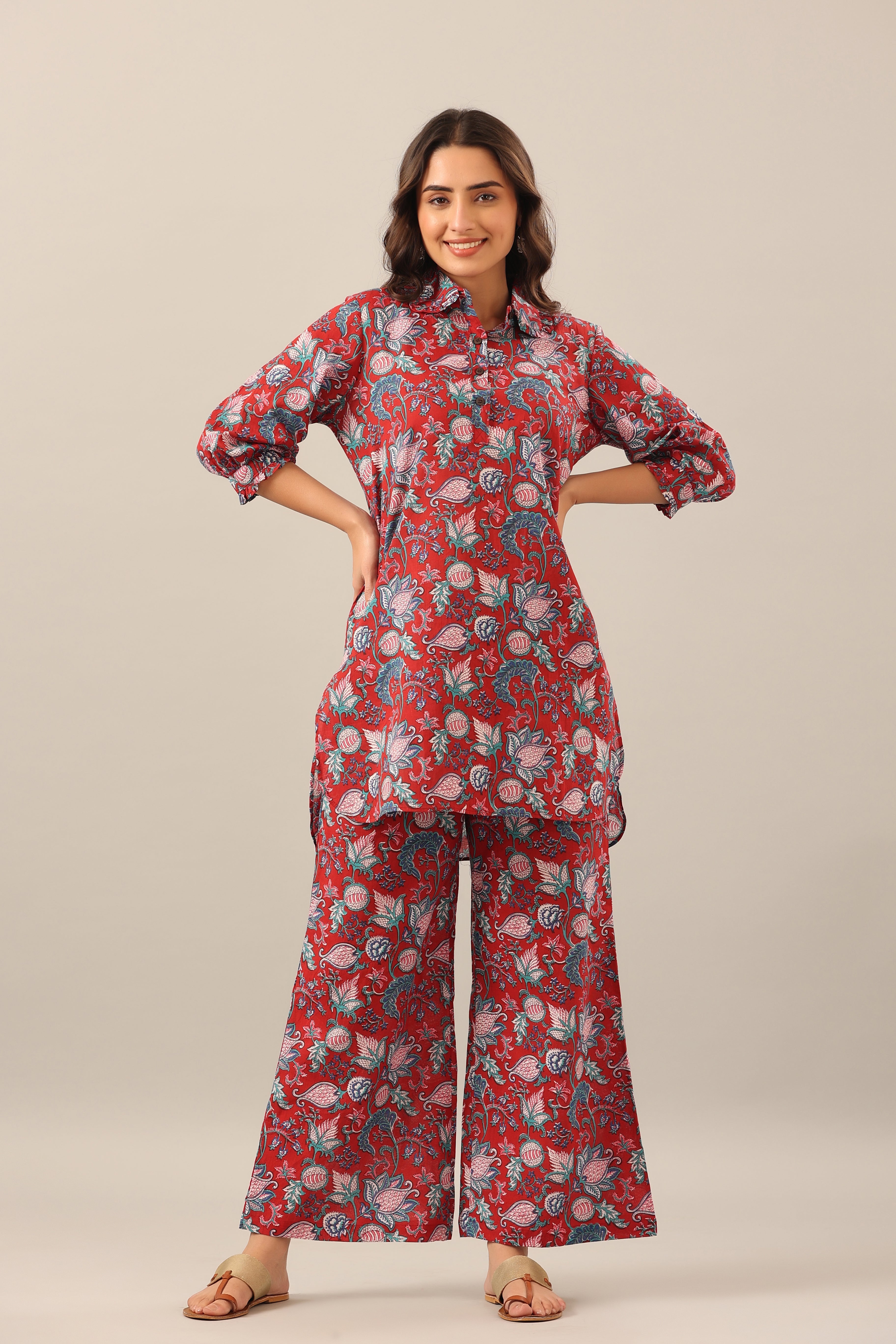Floral Garden on Maroon Collared Cotton Smoked Sleeves Palazzo Loungewear Set