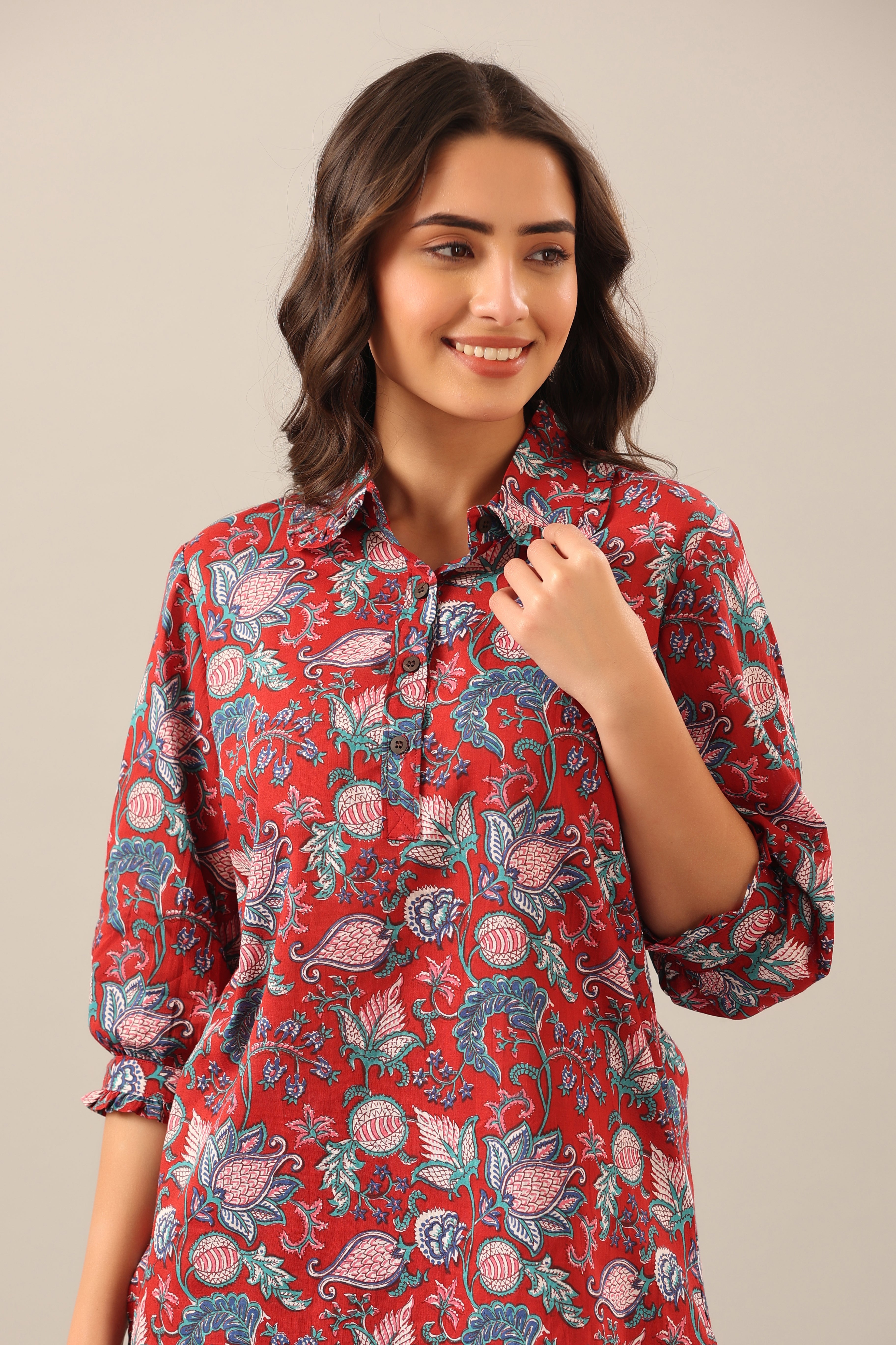 Floral Garden on Maroon Collared Cotton Smoked Sleeves Palazzo Loungewear Set