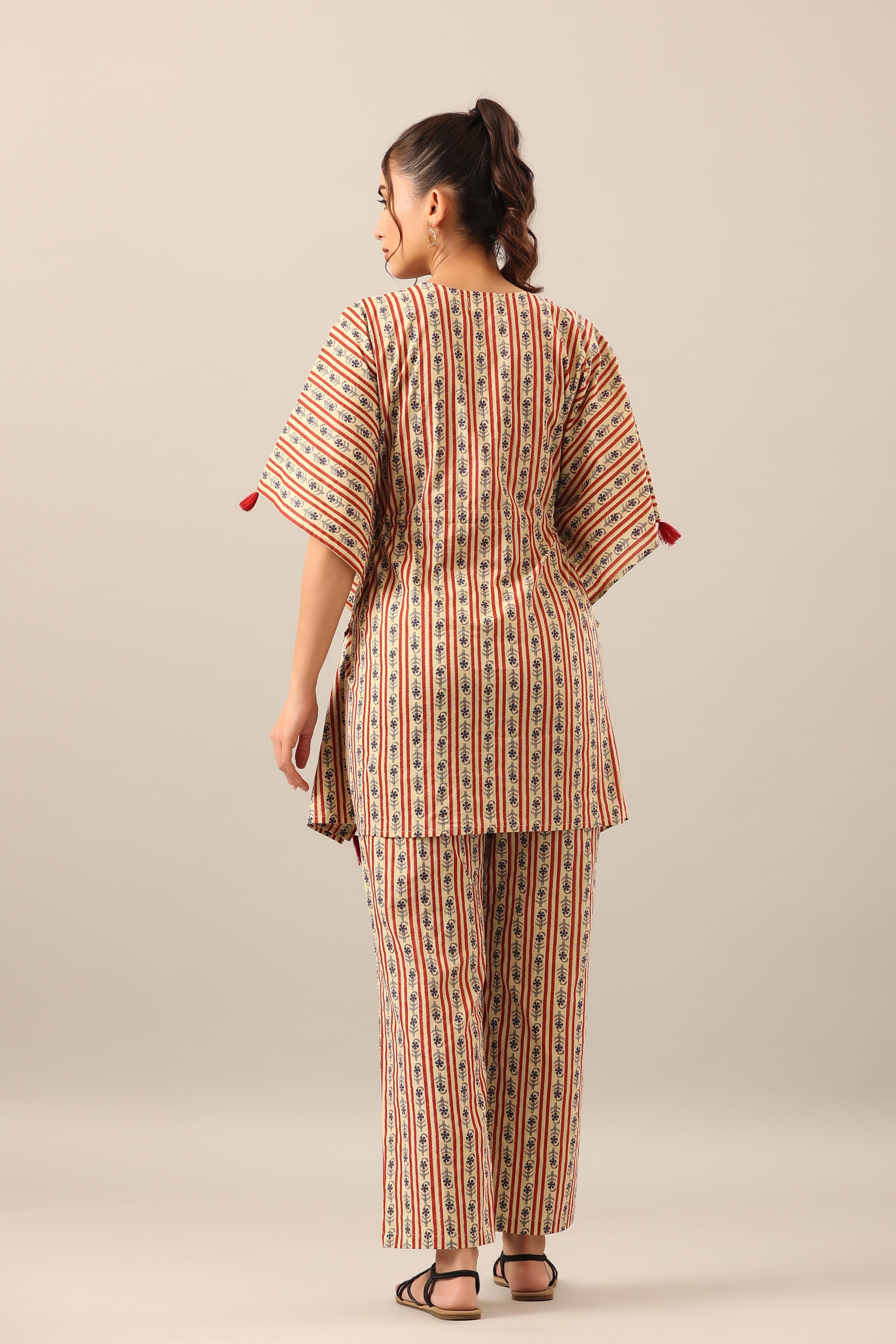 Stripe Florals on Beige cotton Kaftan Pajama Set