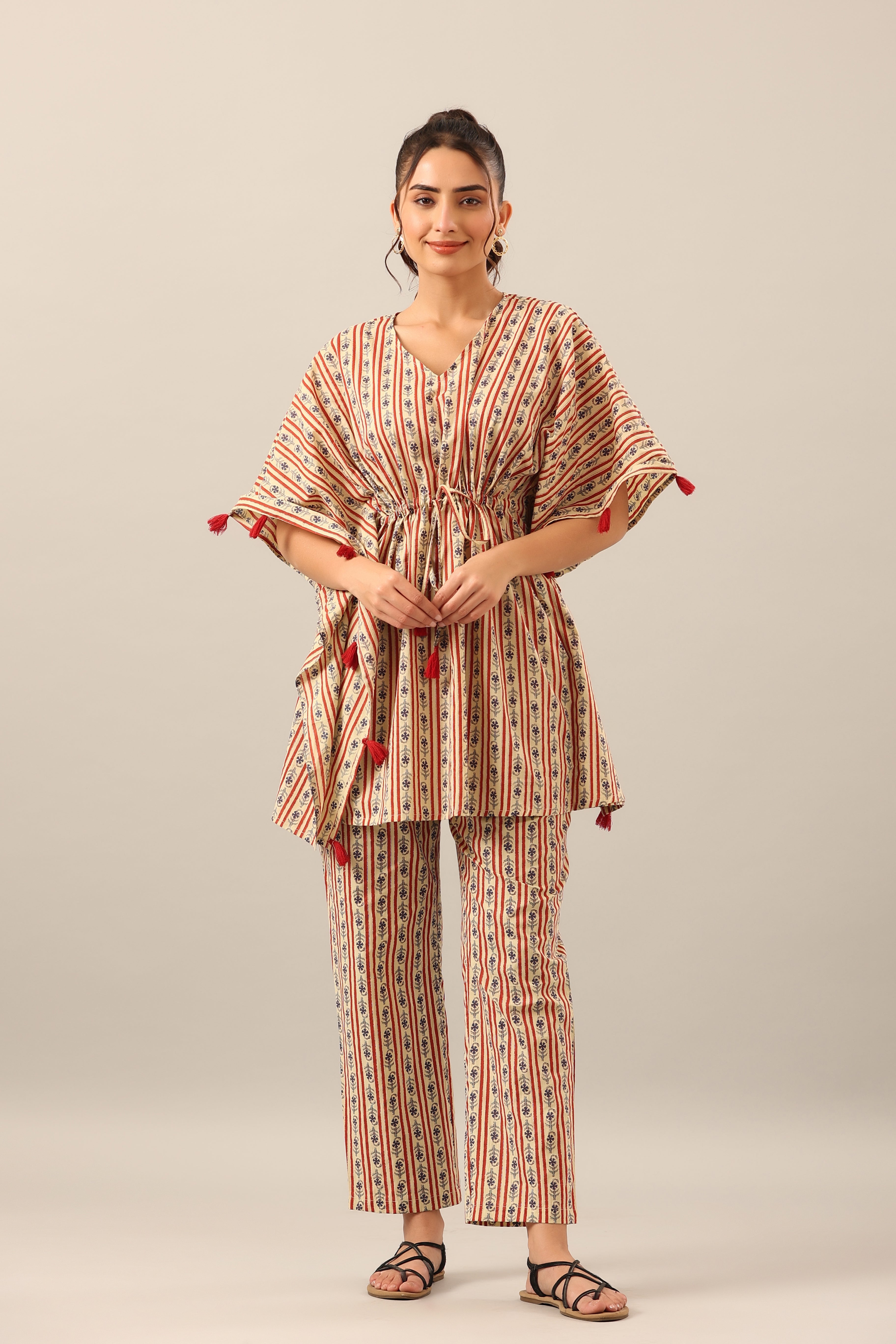 Stripe Florals on Beige cotton Kaftan Pajama Set