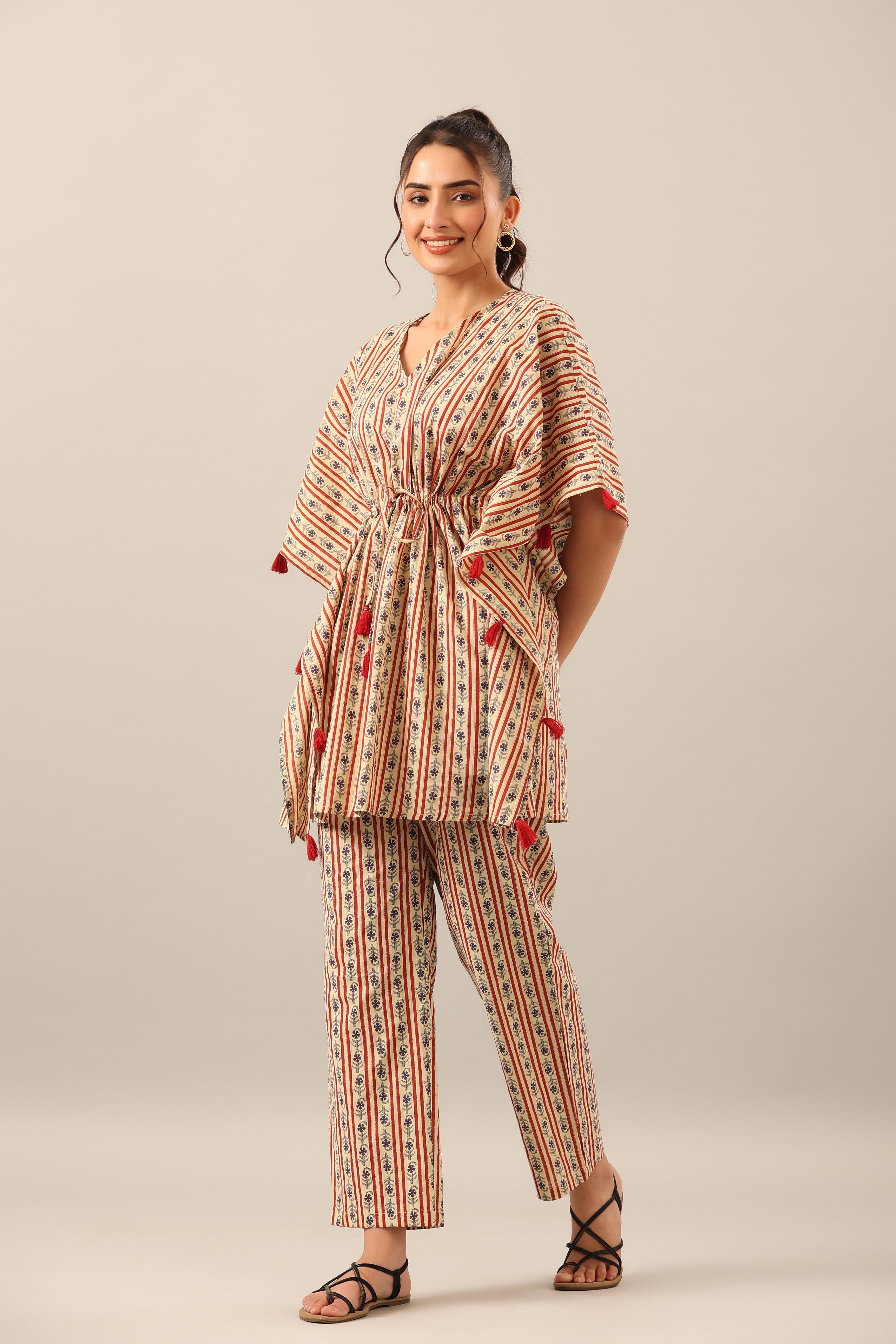 Stripe Florals on Beige cotton Kaftan Pajama Set