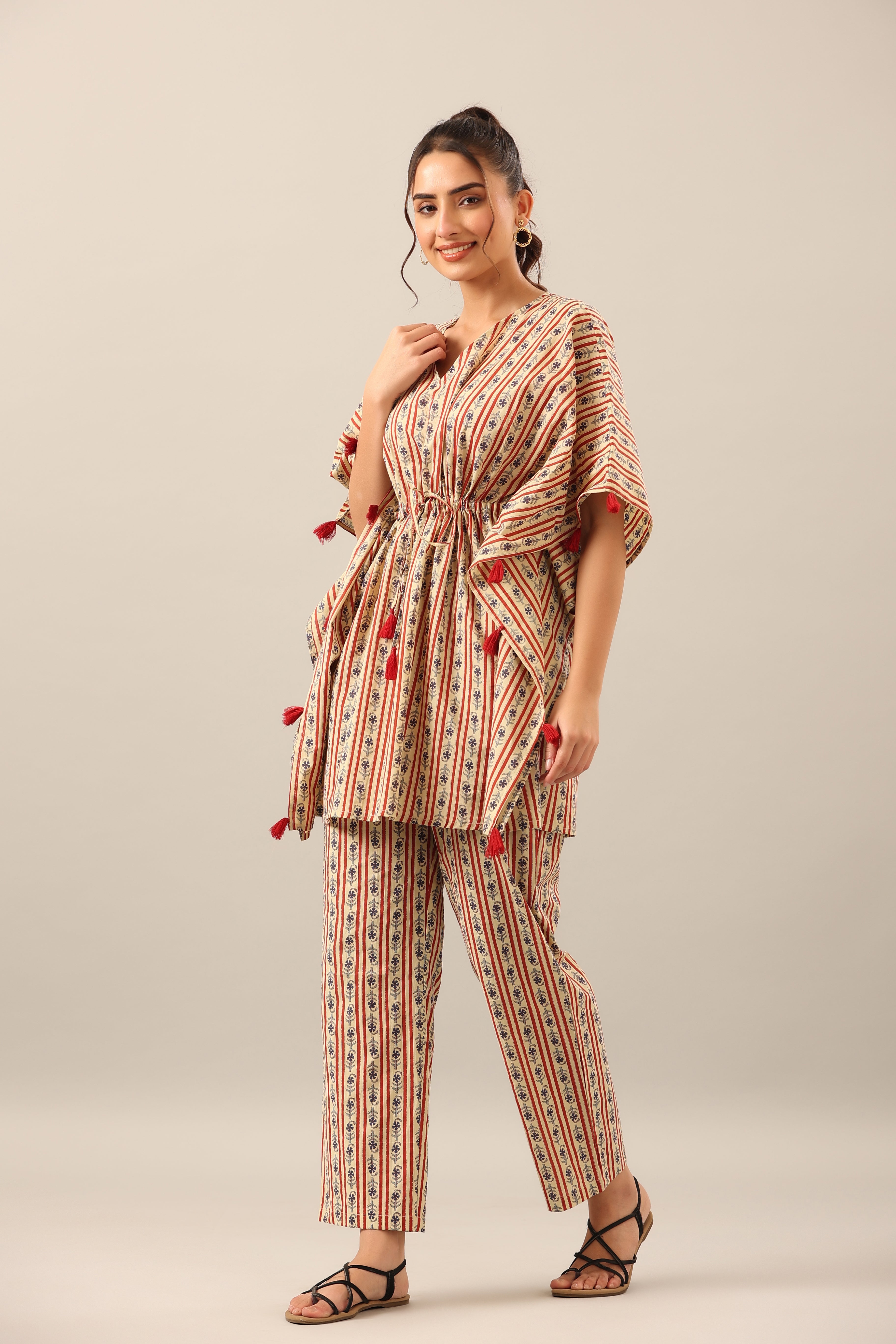 Stripe Florals on Beige cotton Kaftan Pajama Set