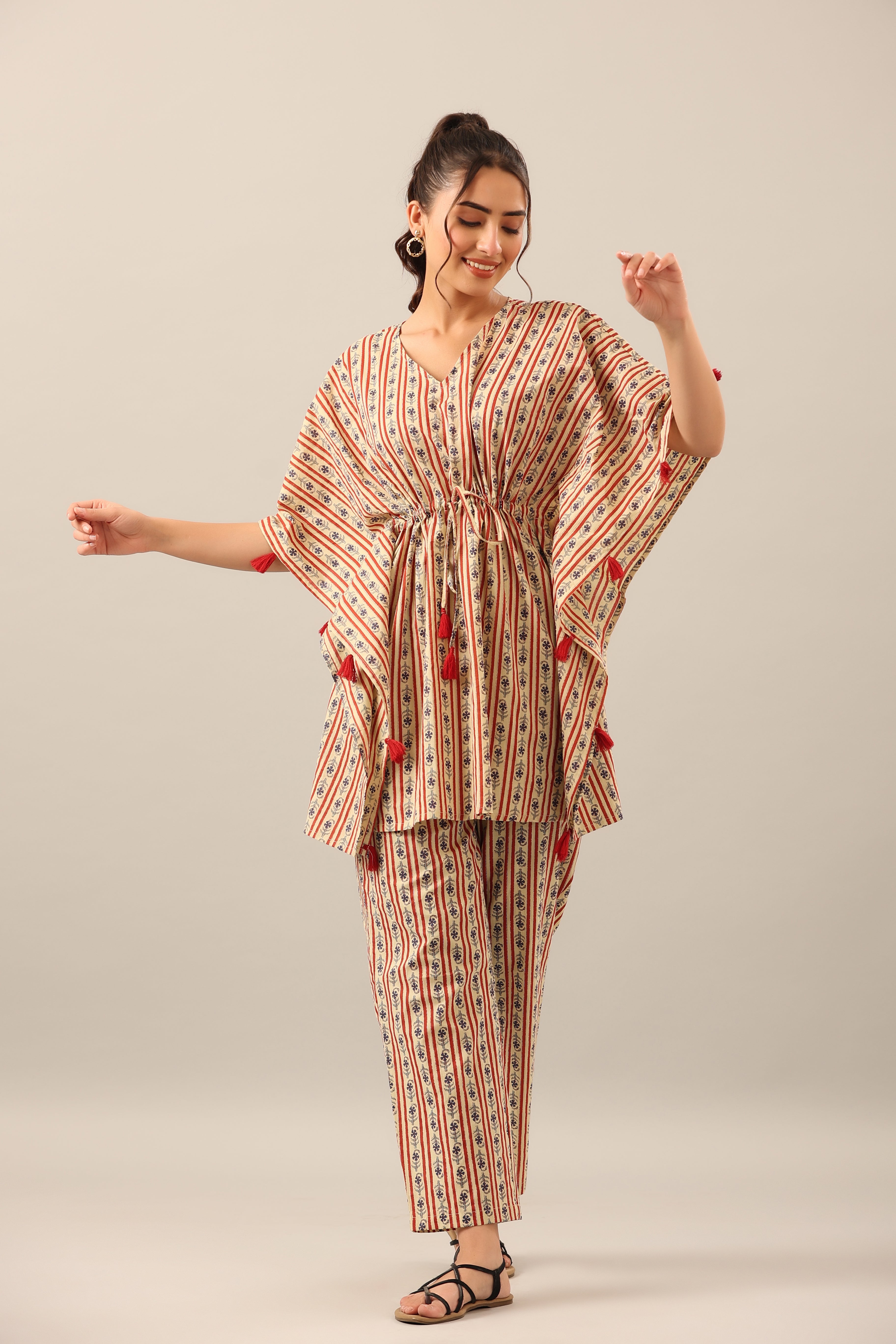Stripe Florals on Beige cotton Kaftan Pajama Set