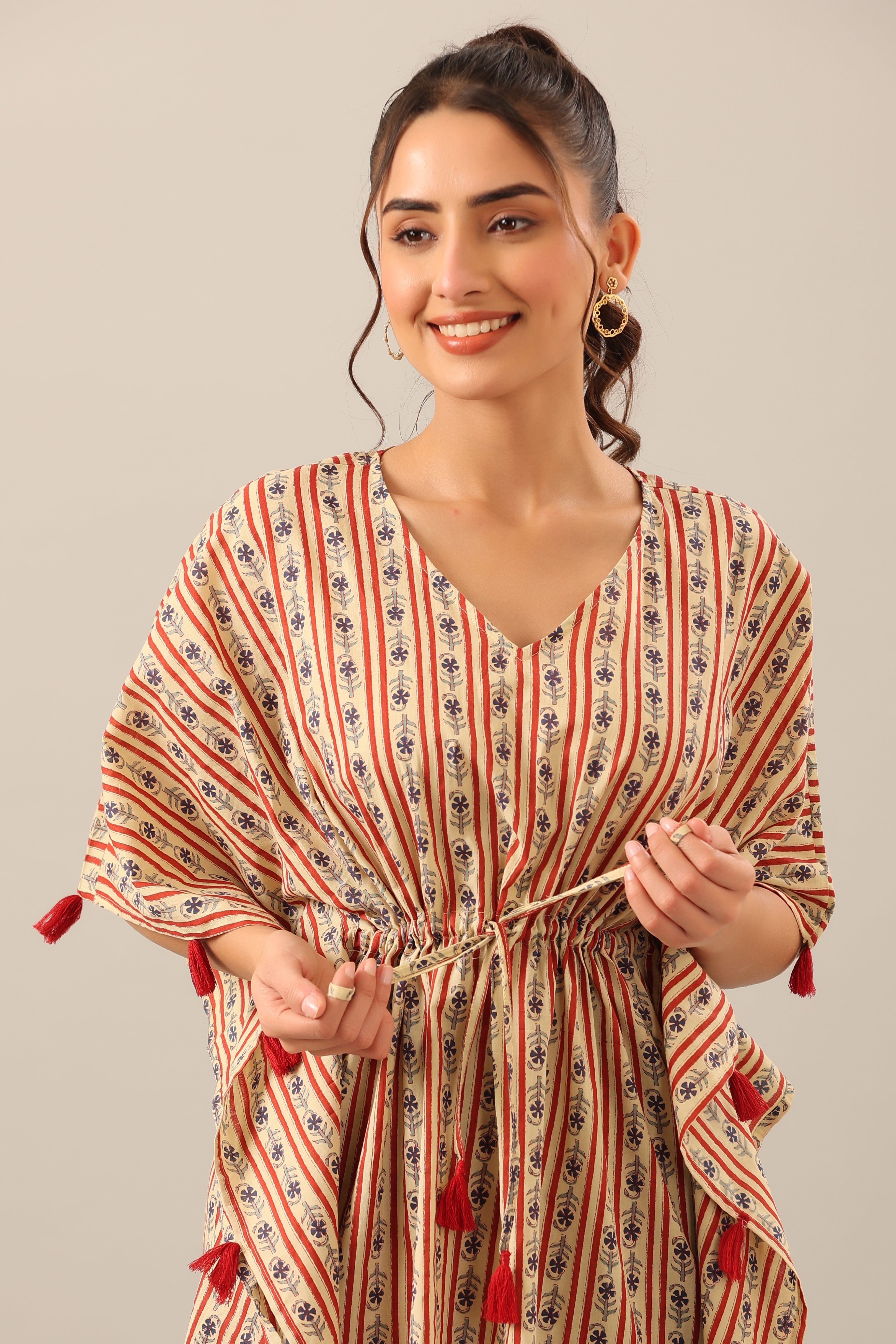Stripe Florals on Beige cotton Kaftan Pajama Set