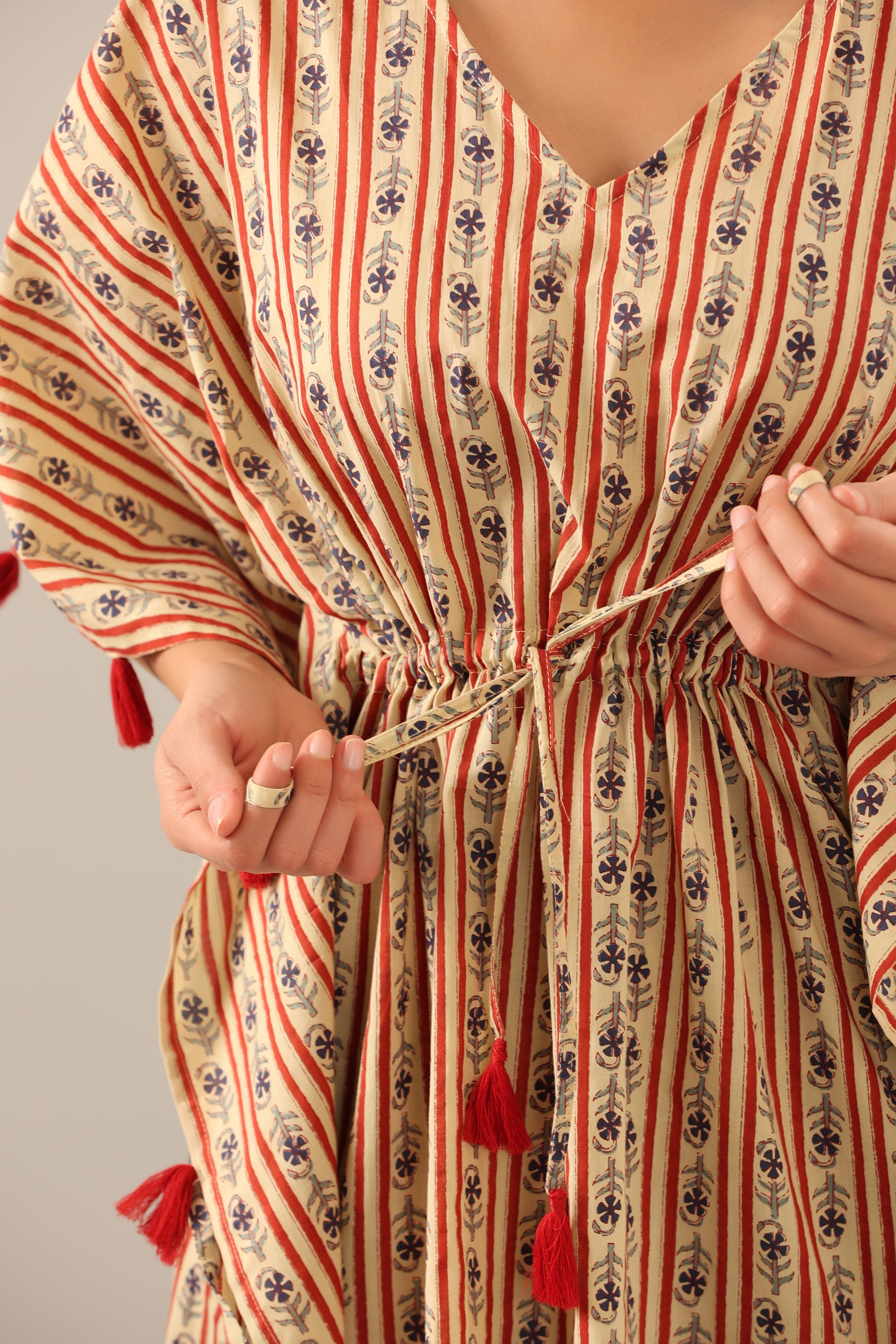 Stripe Florals on Beige cotton Kaftan Pajama Set