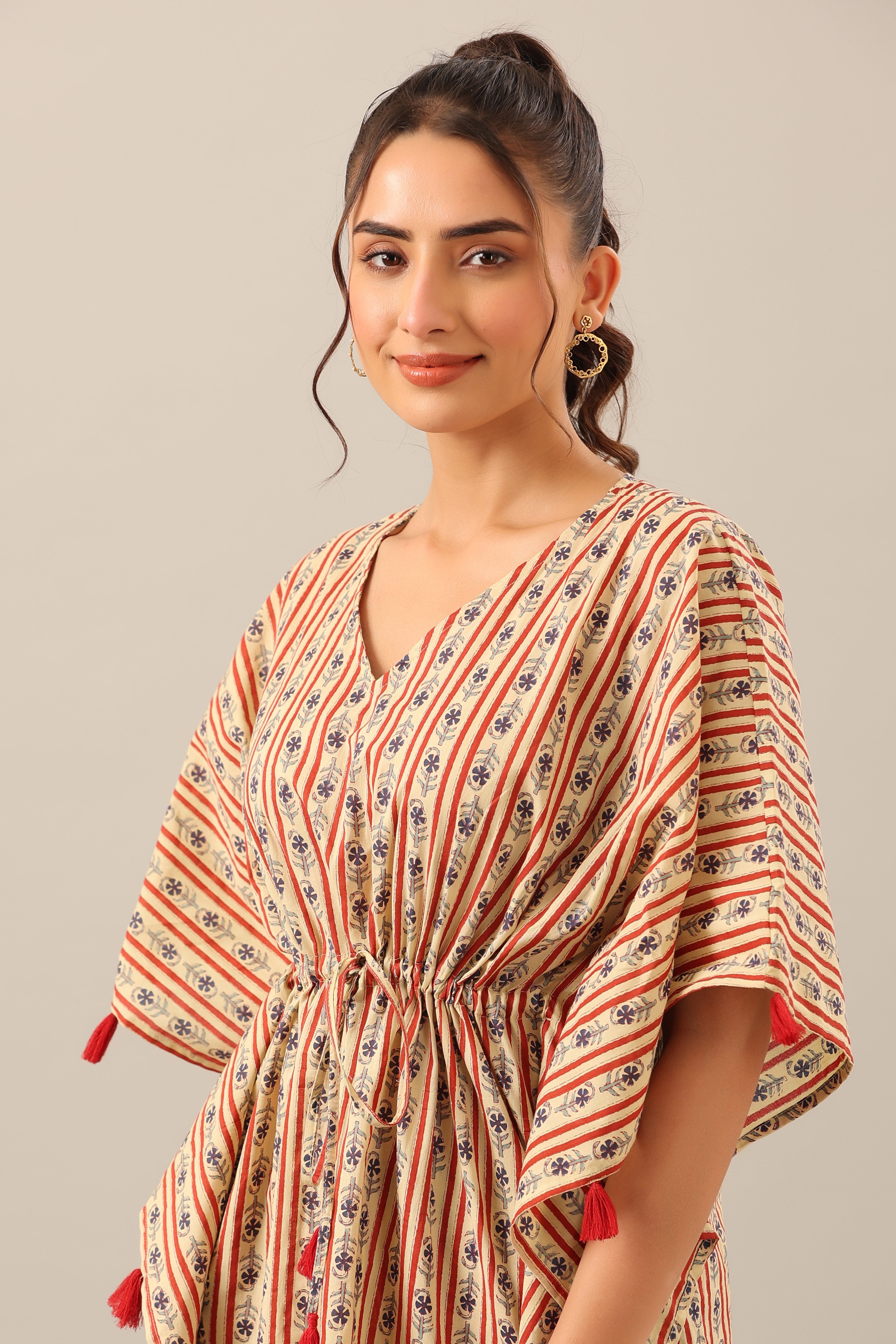 Stripe Florals on Beige cotton Kaftan Pajama Set