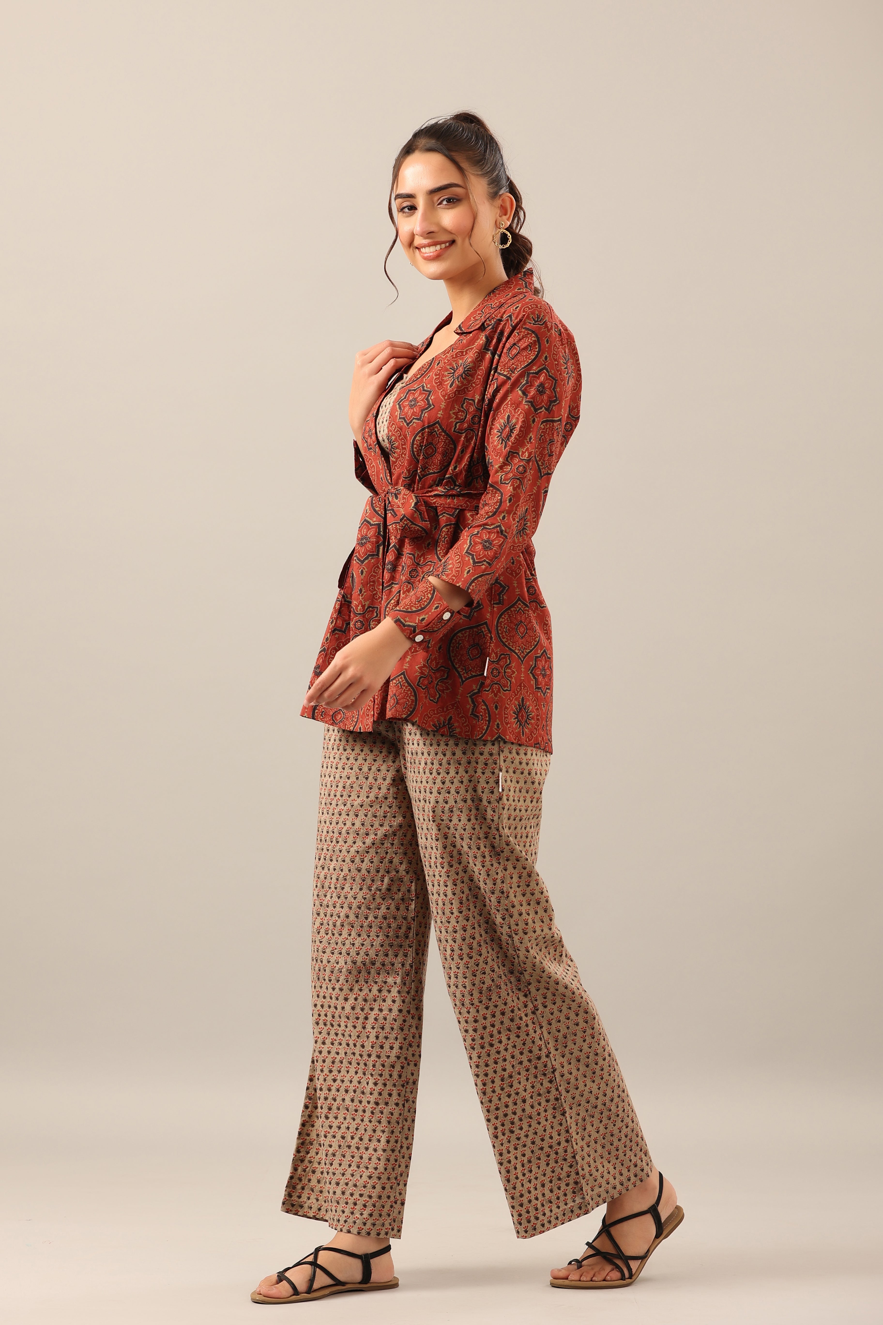 Maroon and Green Ajrakh Cotton Print Three piece Shrug Set