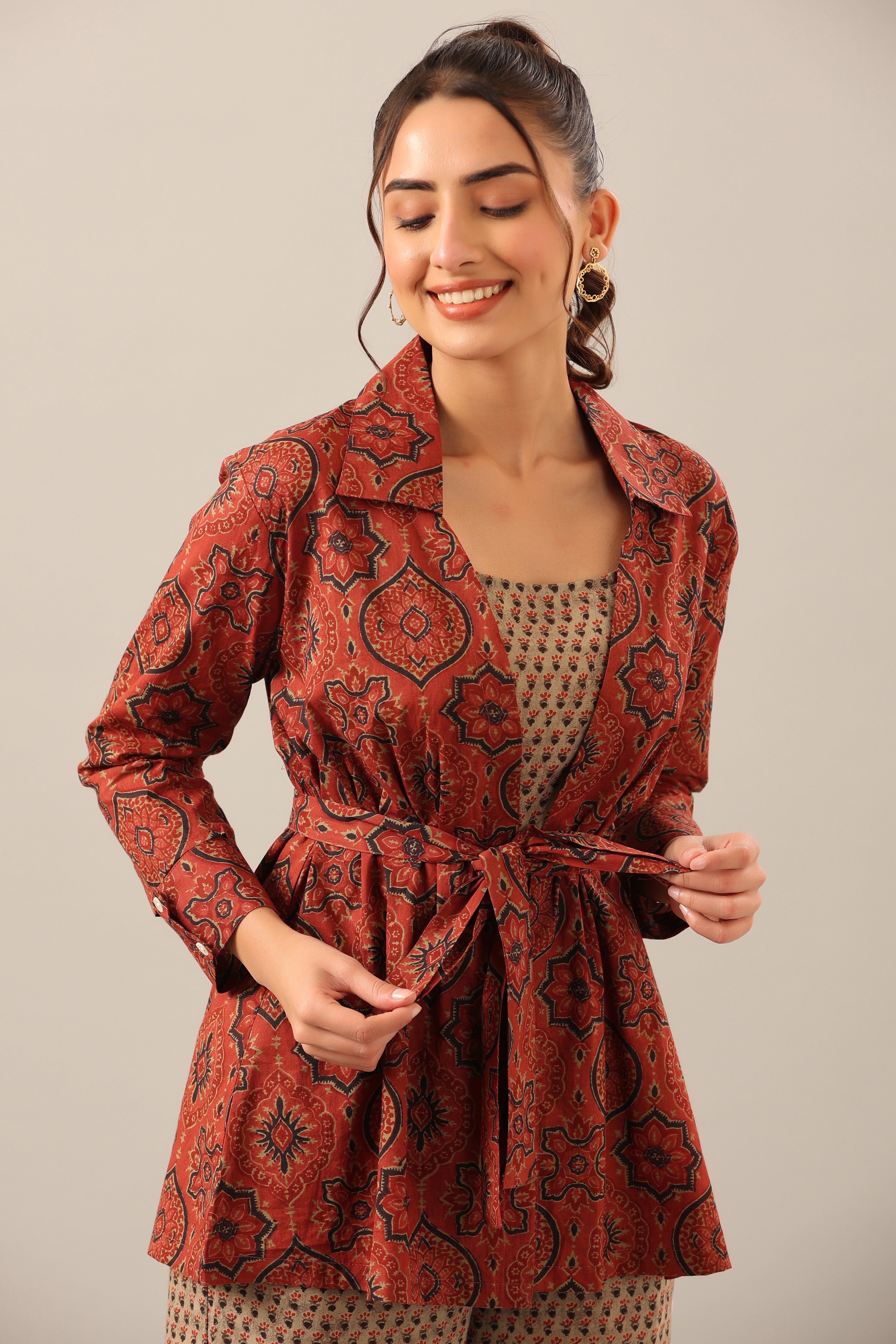 Maroon and Green Ajrakh Cotton Print Three piece Shrug Set