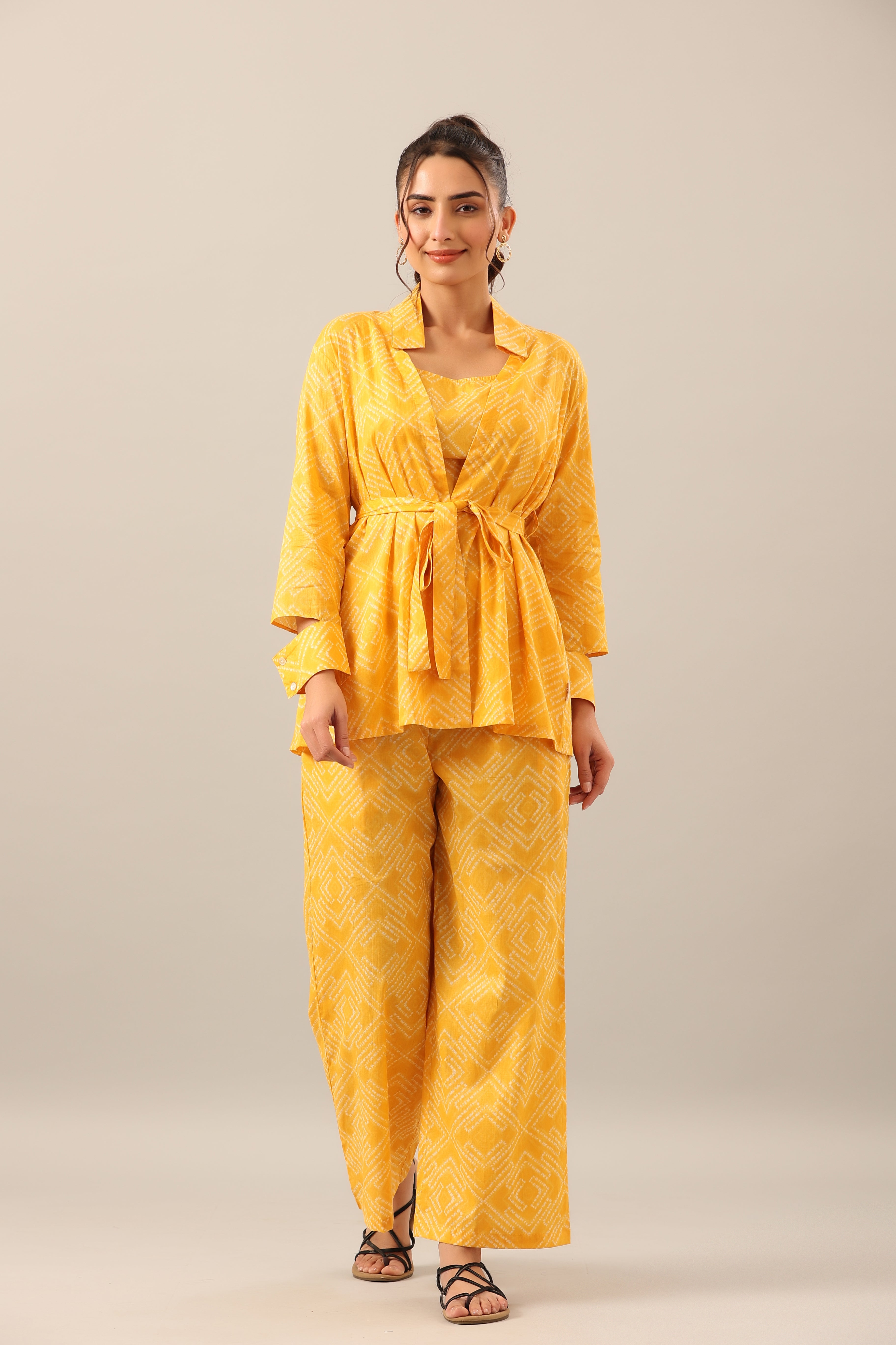 Yellow Shibori on Cotton Three piece Shrug Set