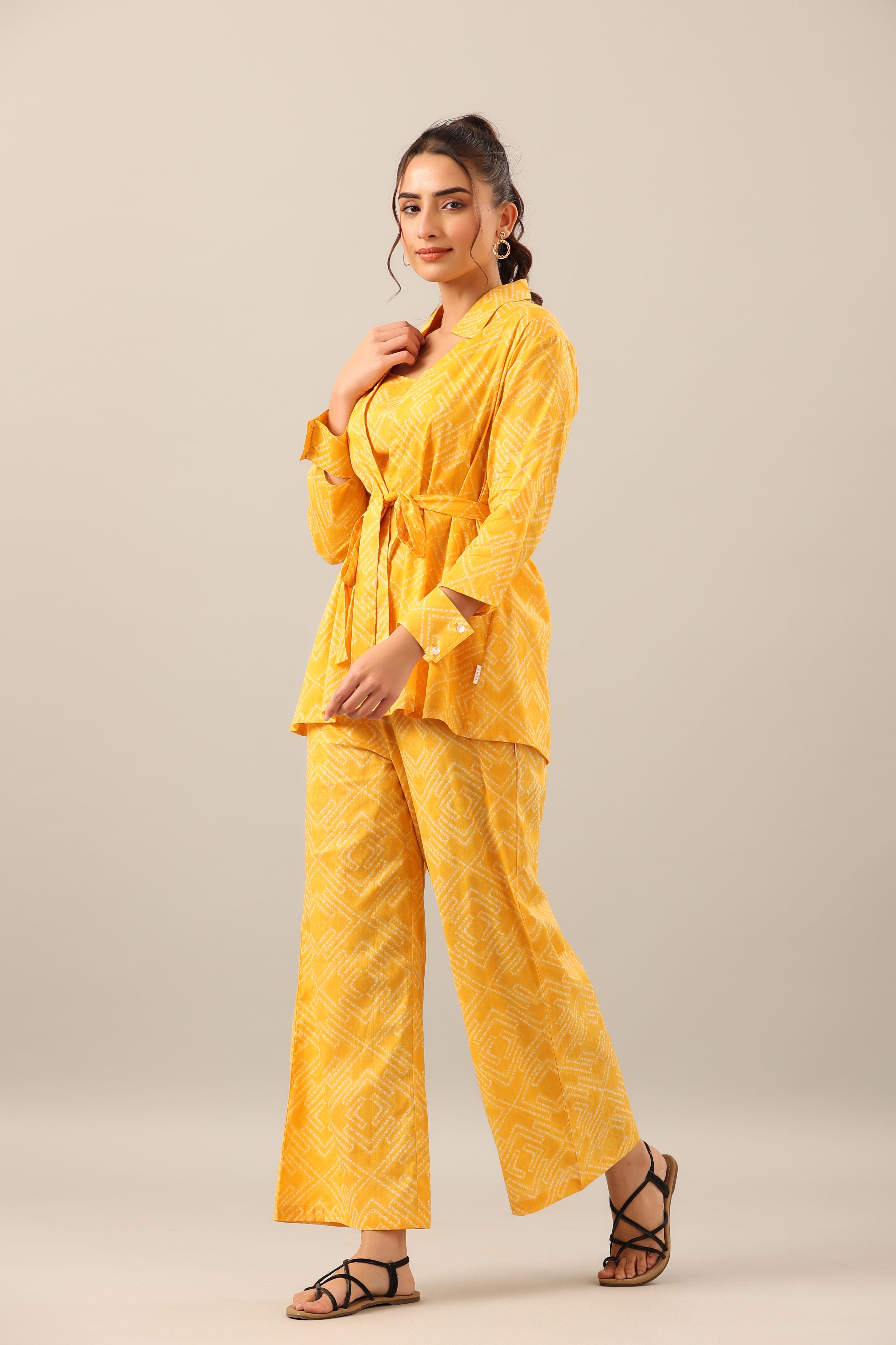 Yellow Shibori on Cotton Three piece Shrug Set
