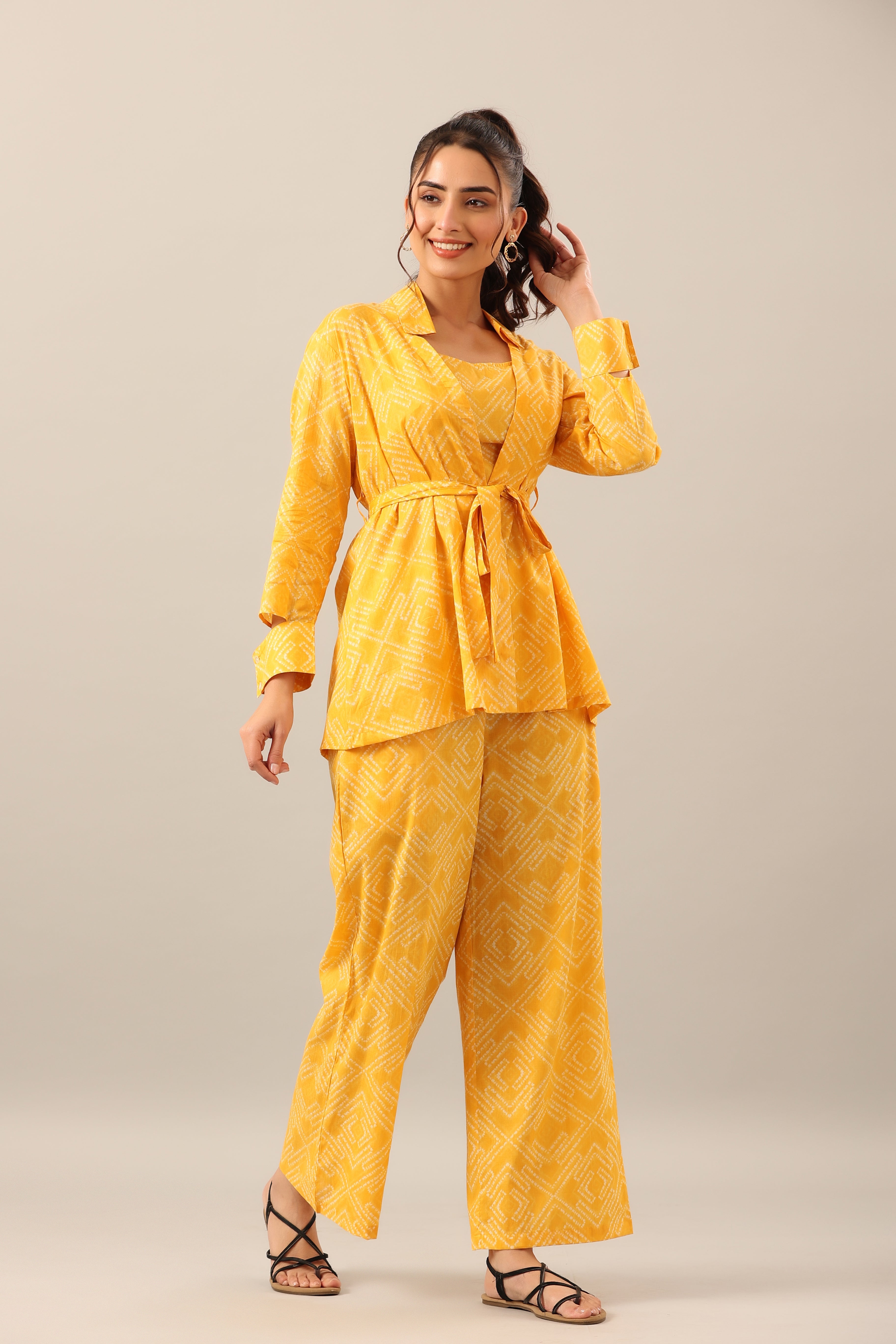 Yellow Shibori on Cotton Three piece Shrug Set