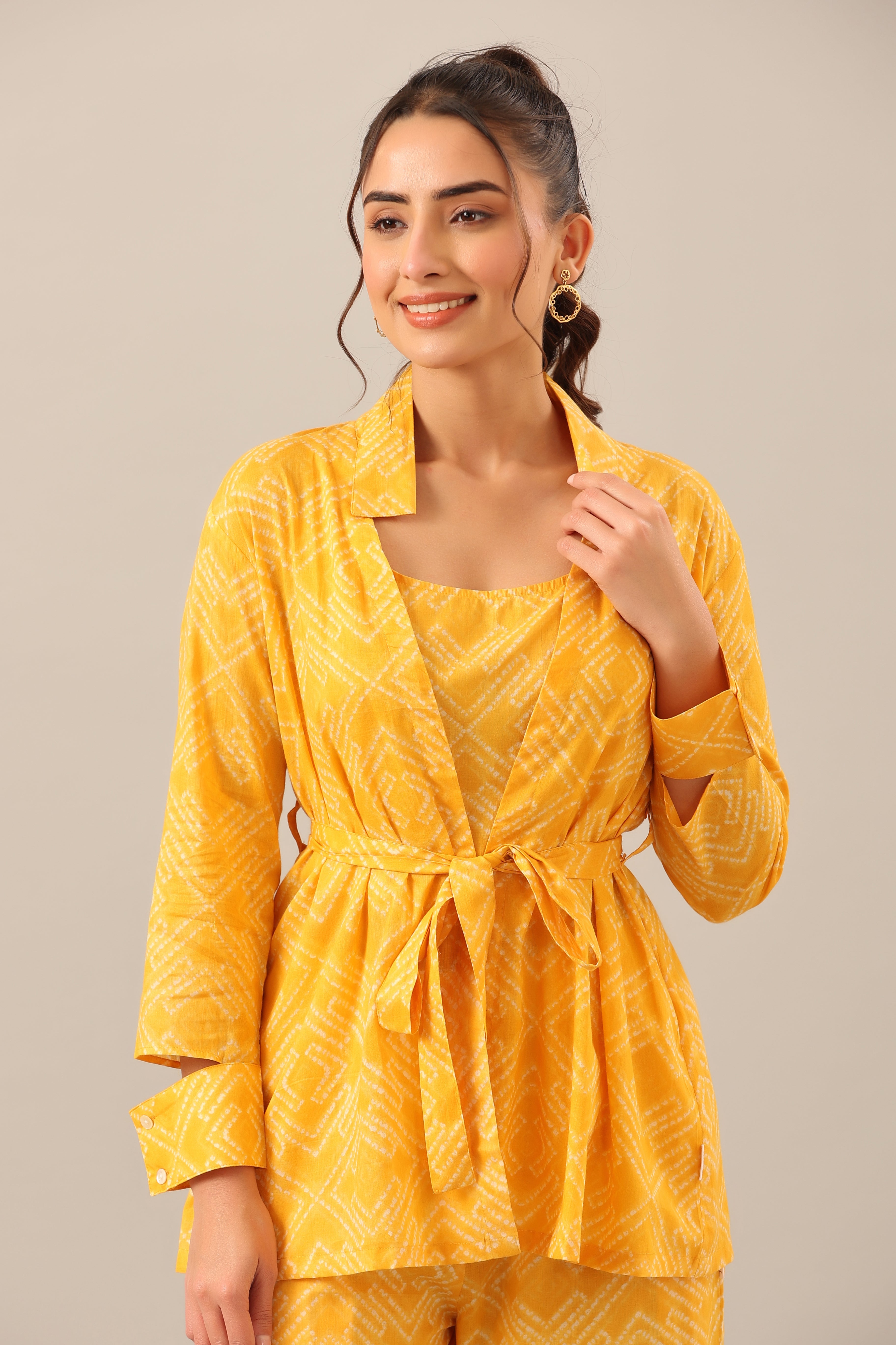 Yellow Shibori on Cotton Three piece Shrug Set