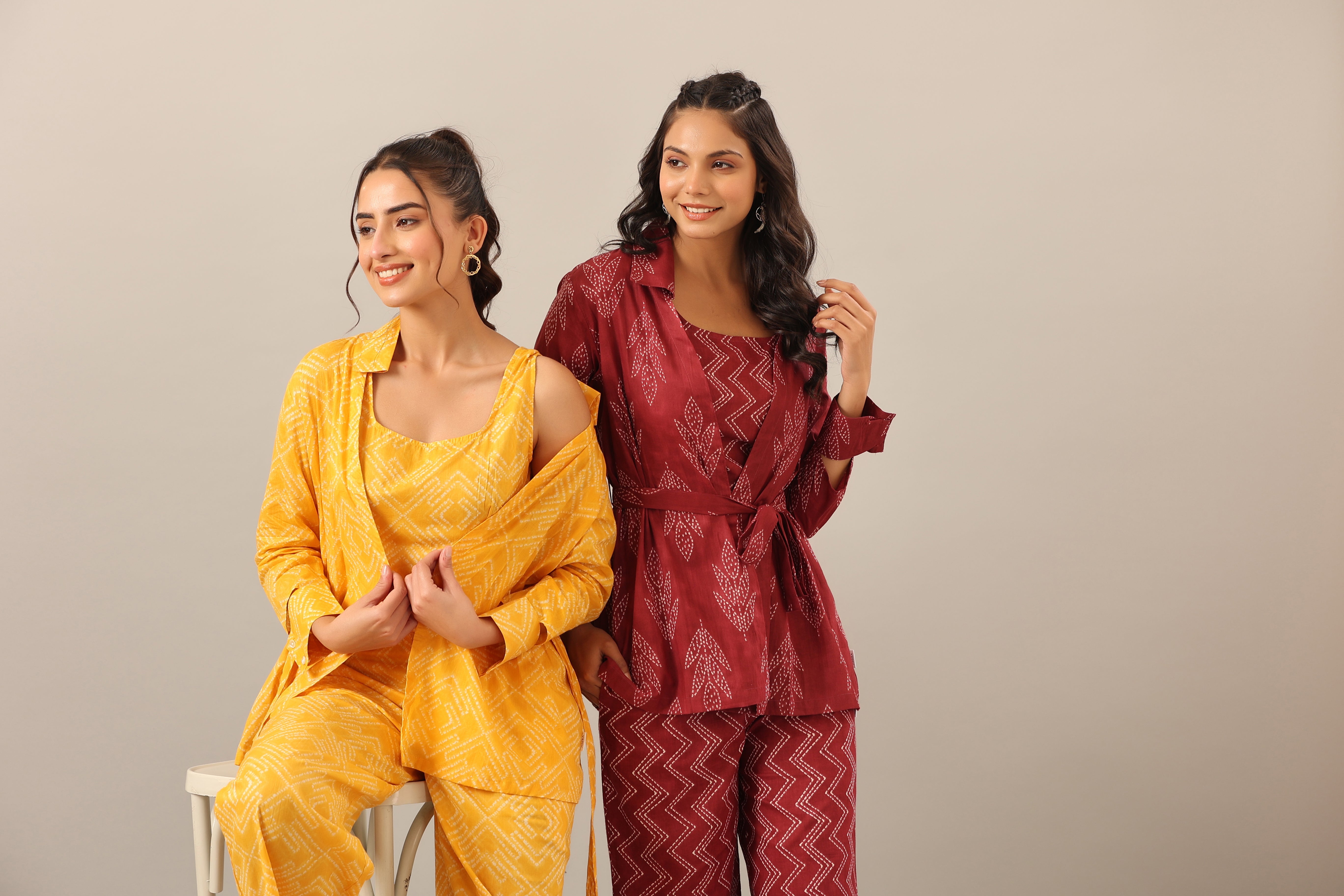 Yellow Shibori on Cotton Three piece Shrug Set