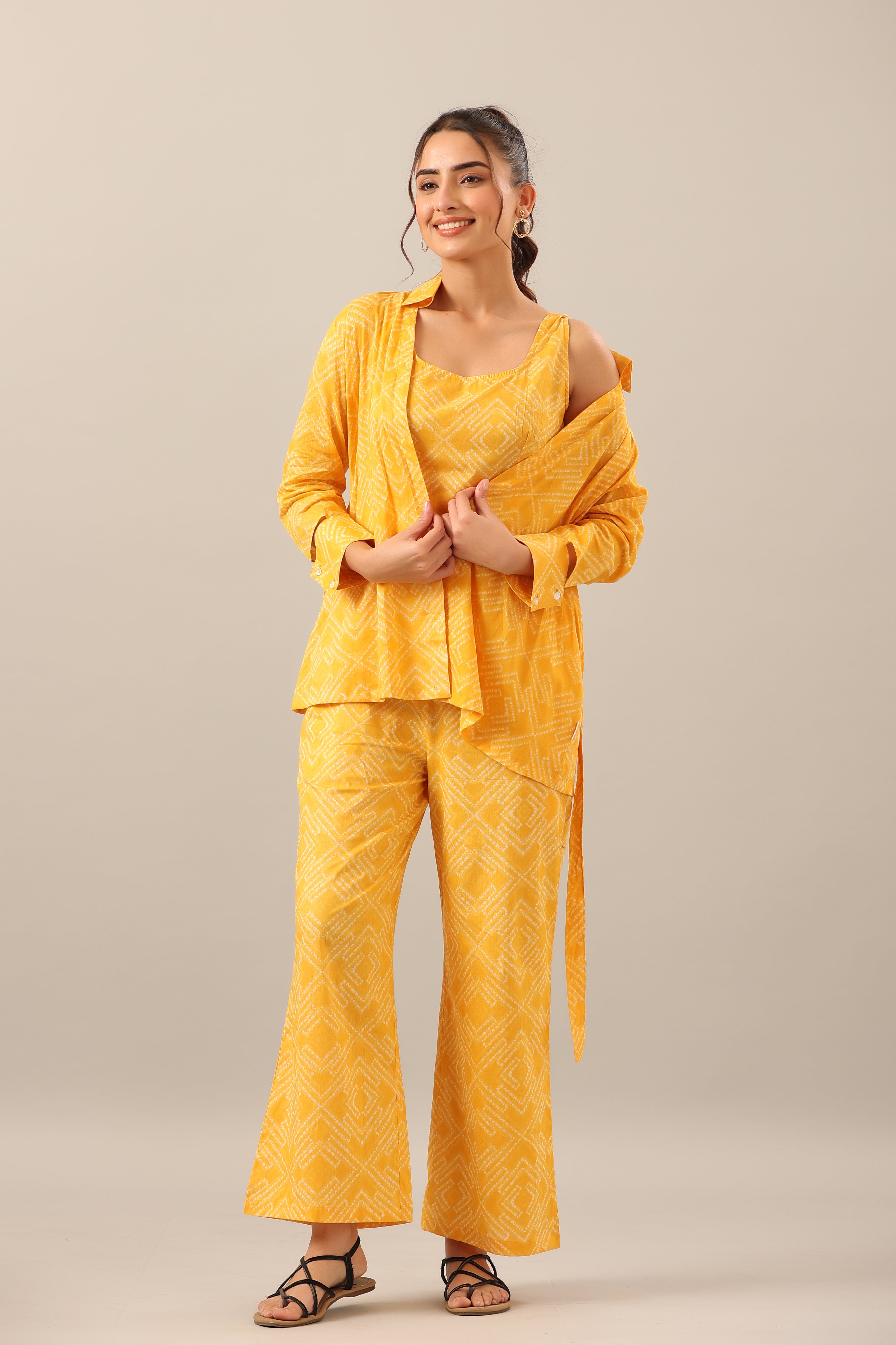 Yellow Shibori on Cotton Three piece Shrug Set