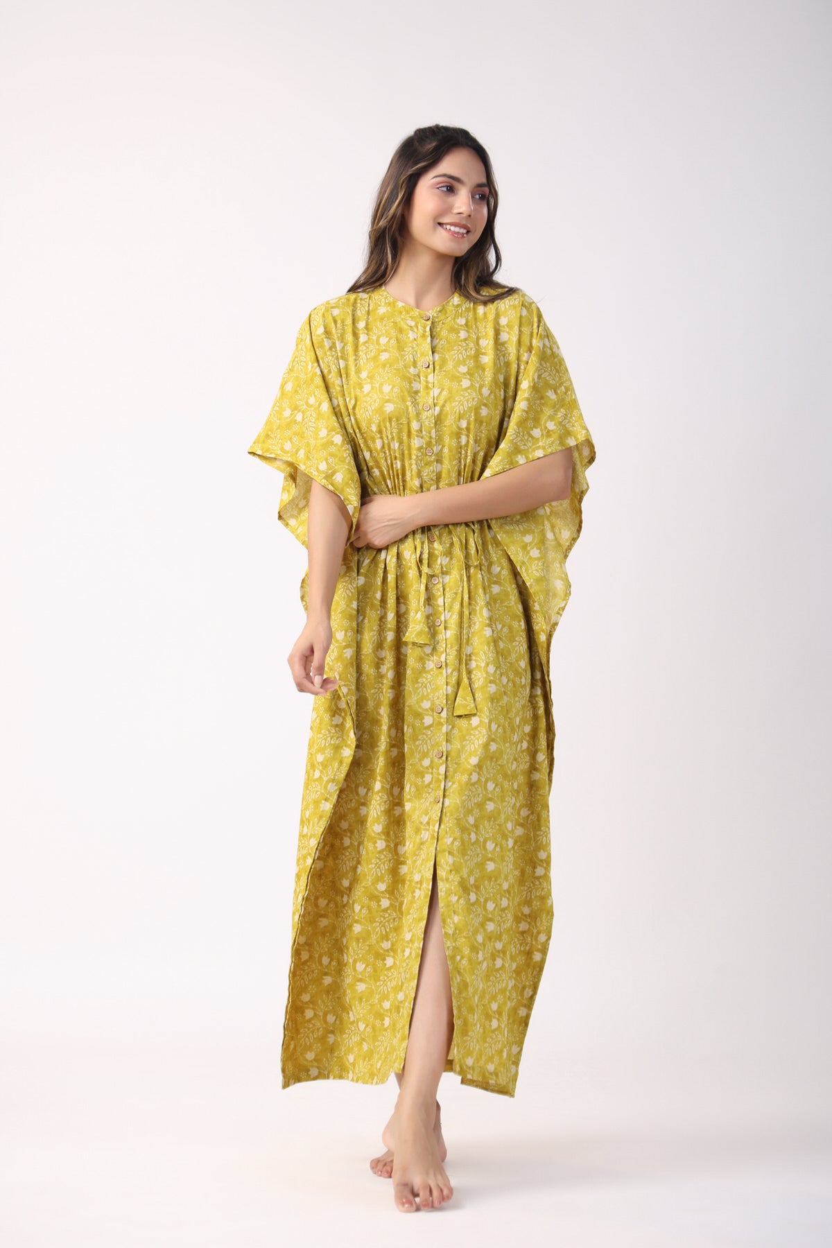 Lime Lattice Cotton Front Buttoned Kaftan