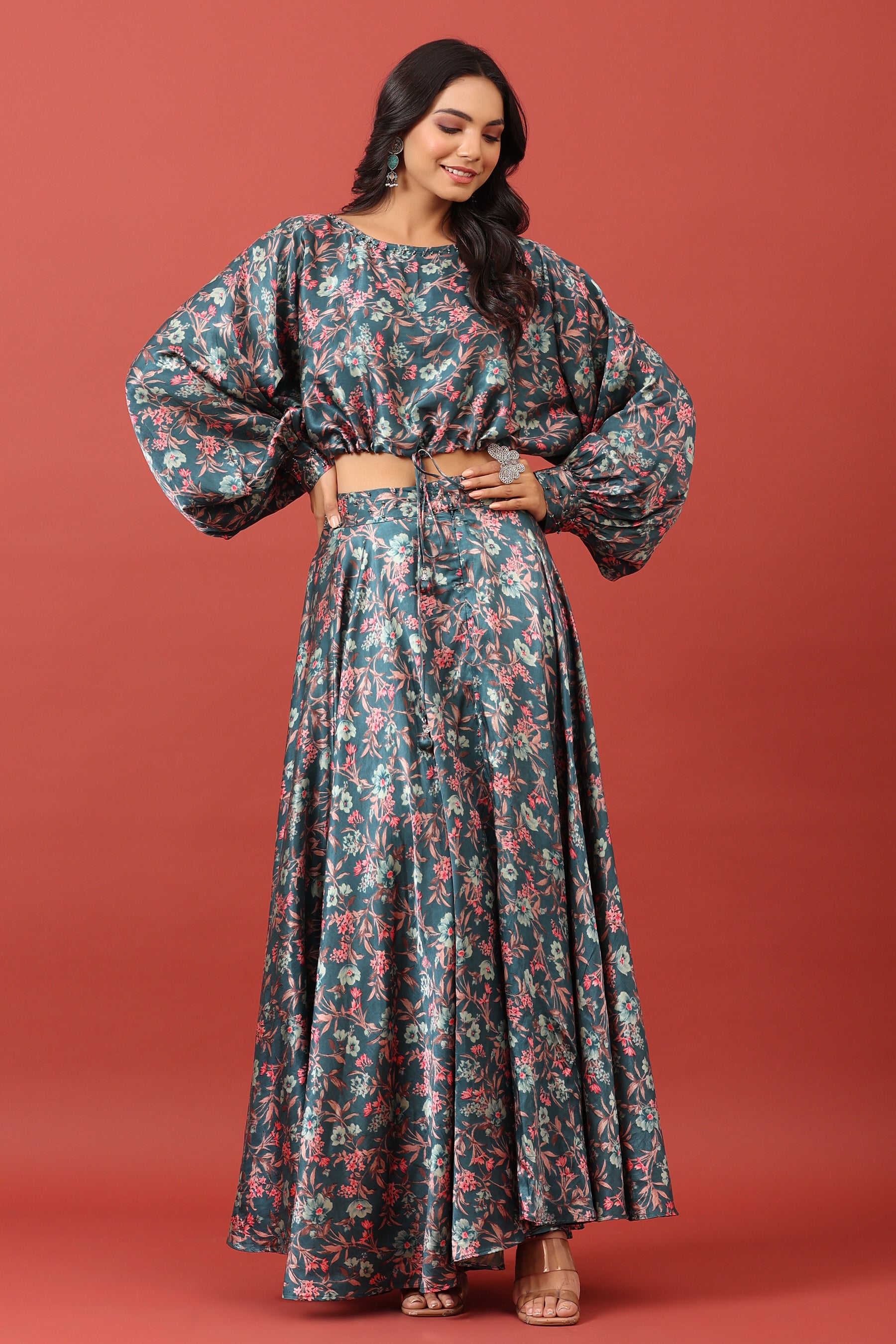 Floral Canopy On Blue Pure Satin Russian Silk Co-ord Set