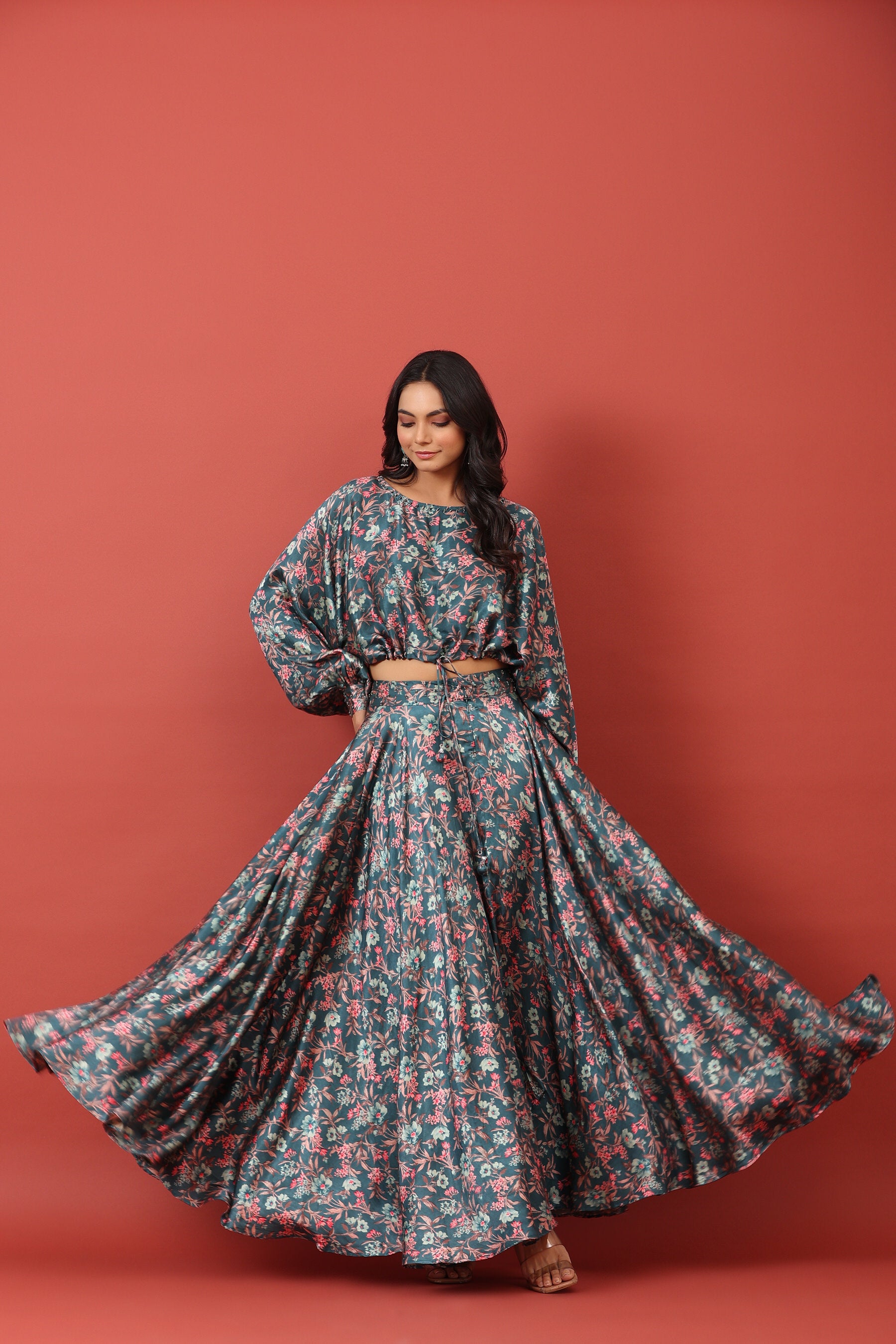Floral Canopy On Blue Pure Satin Russian Silk Co-ord Set