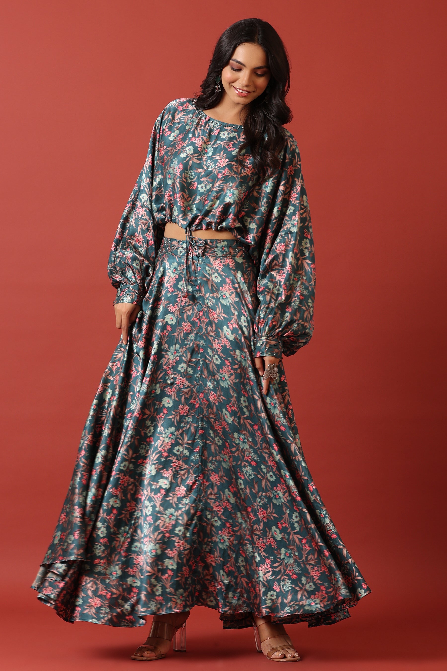 Floral Canopy On Blue Pure Satin Russian Silk Co-ord Set
