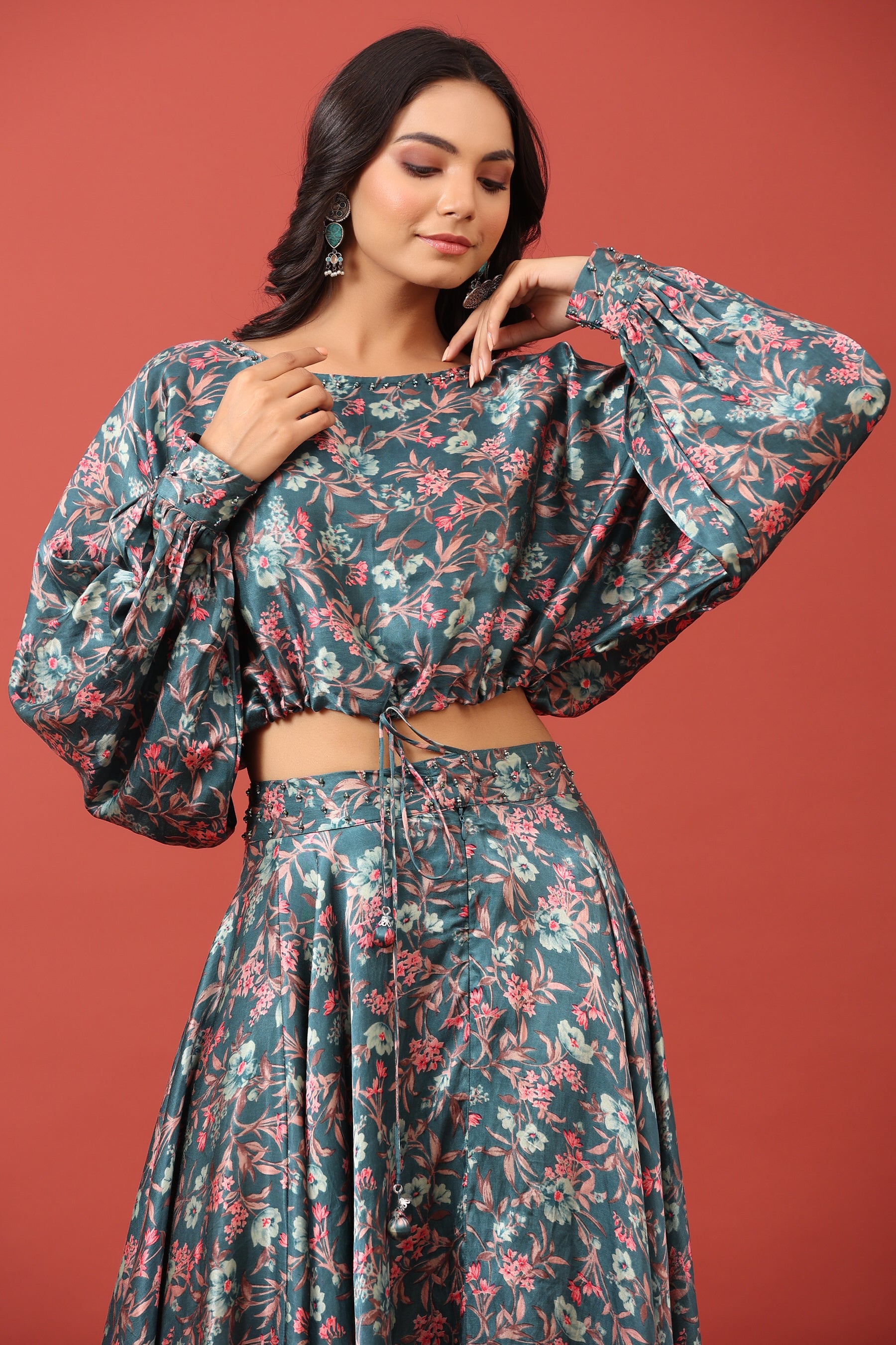 Floral Canopy On Blue Pure Satin Russian Silk Co-ord Set