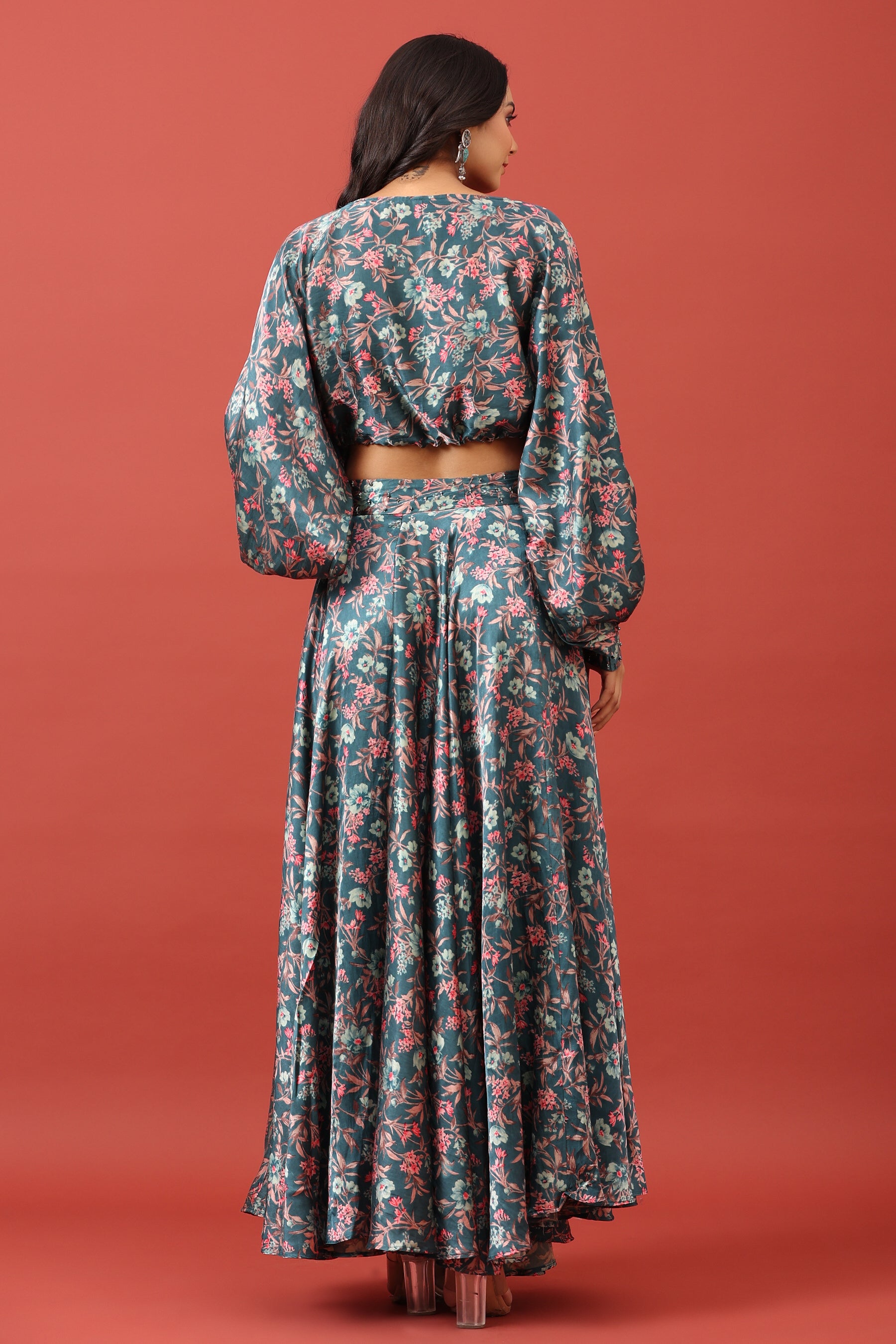Floral Canopy On Blue Pure Satin Russian Silk Co-ord Set