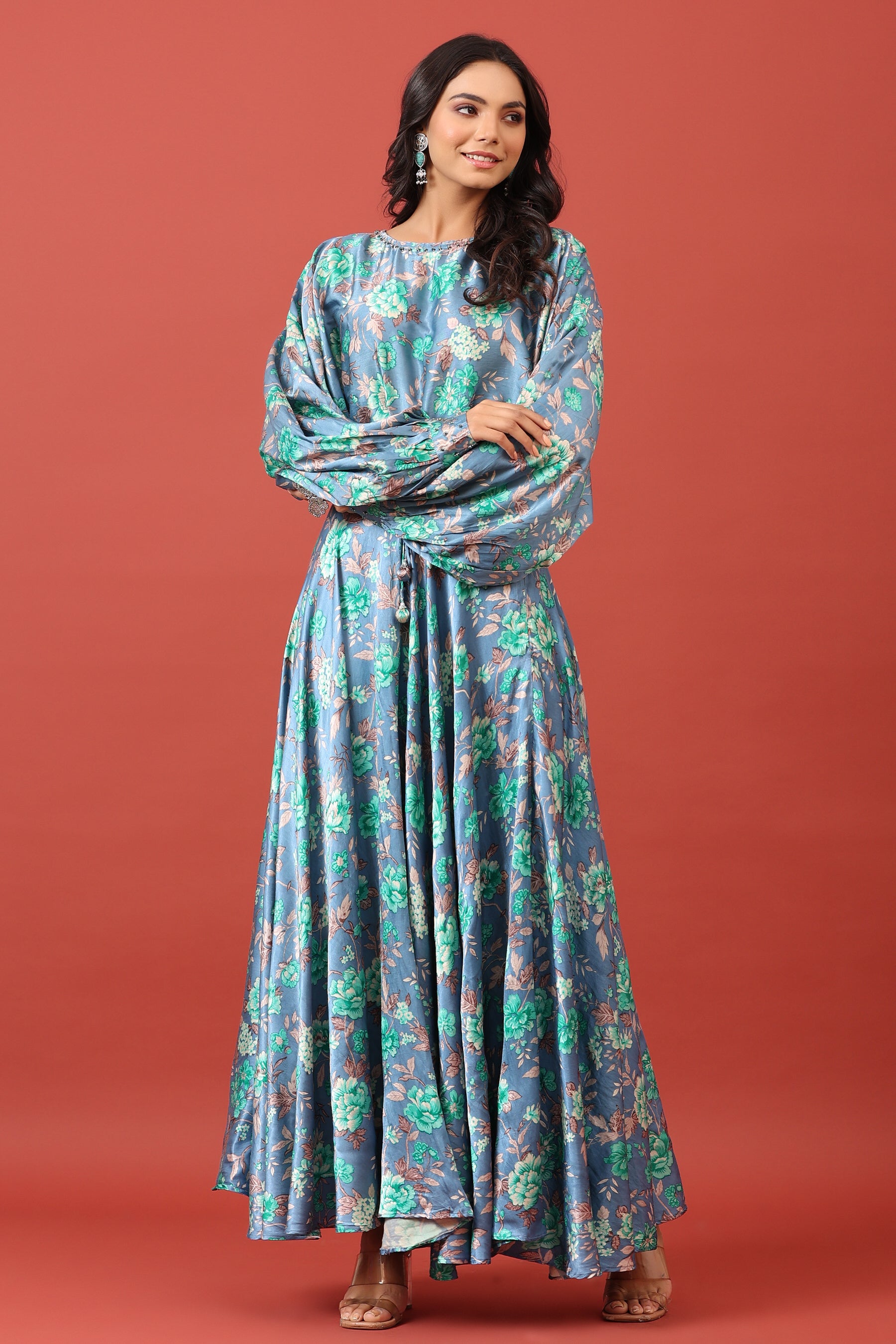 Valley of Flowers on Blue Pure Satin Russian Silk Co-ord Set
