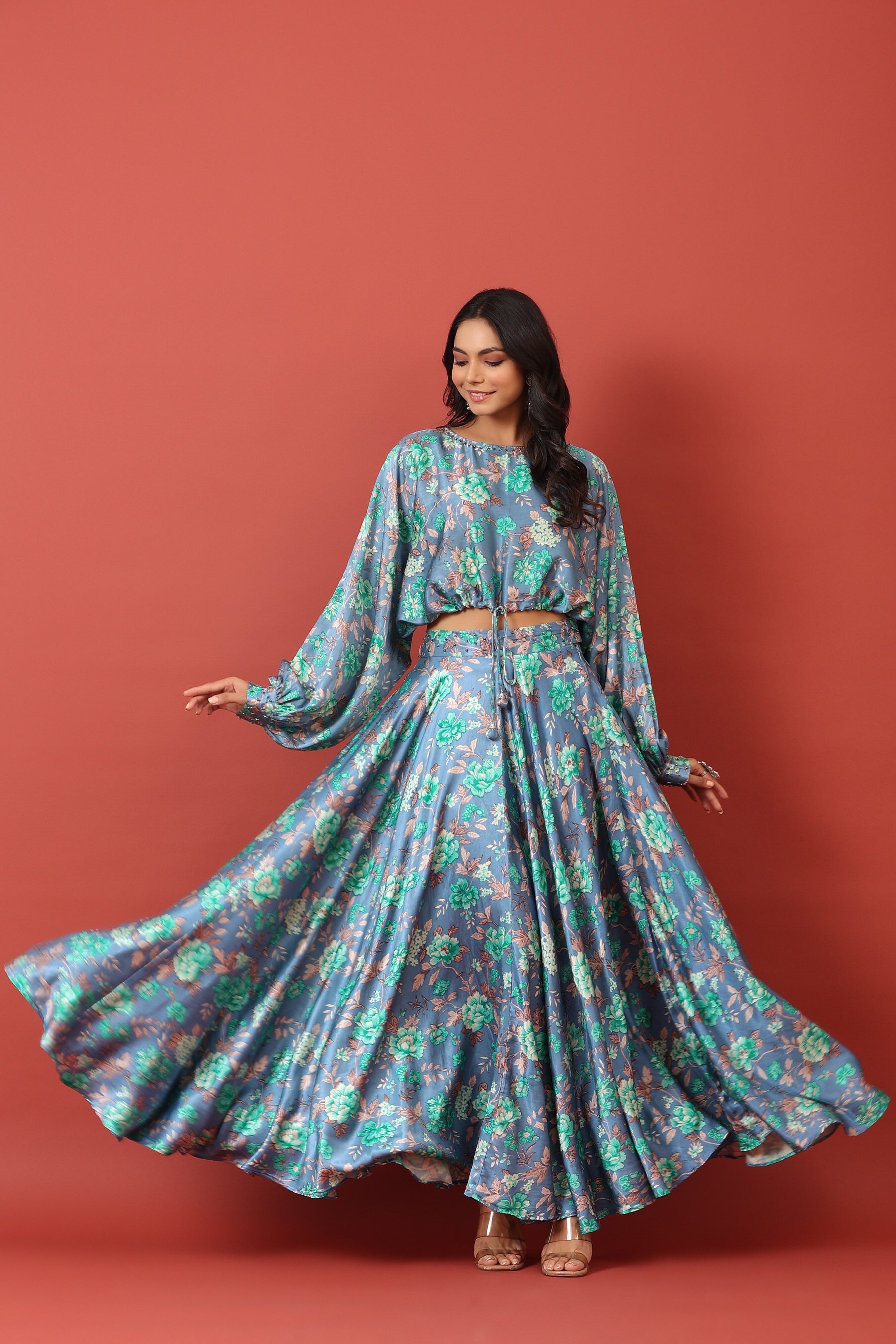 Valley of Flowers on Blue Pure Satin Russian Silk Co-ord Set